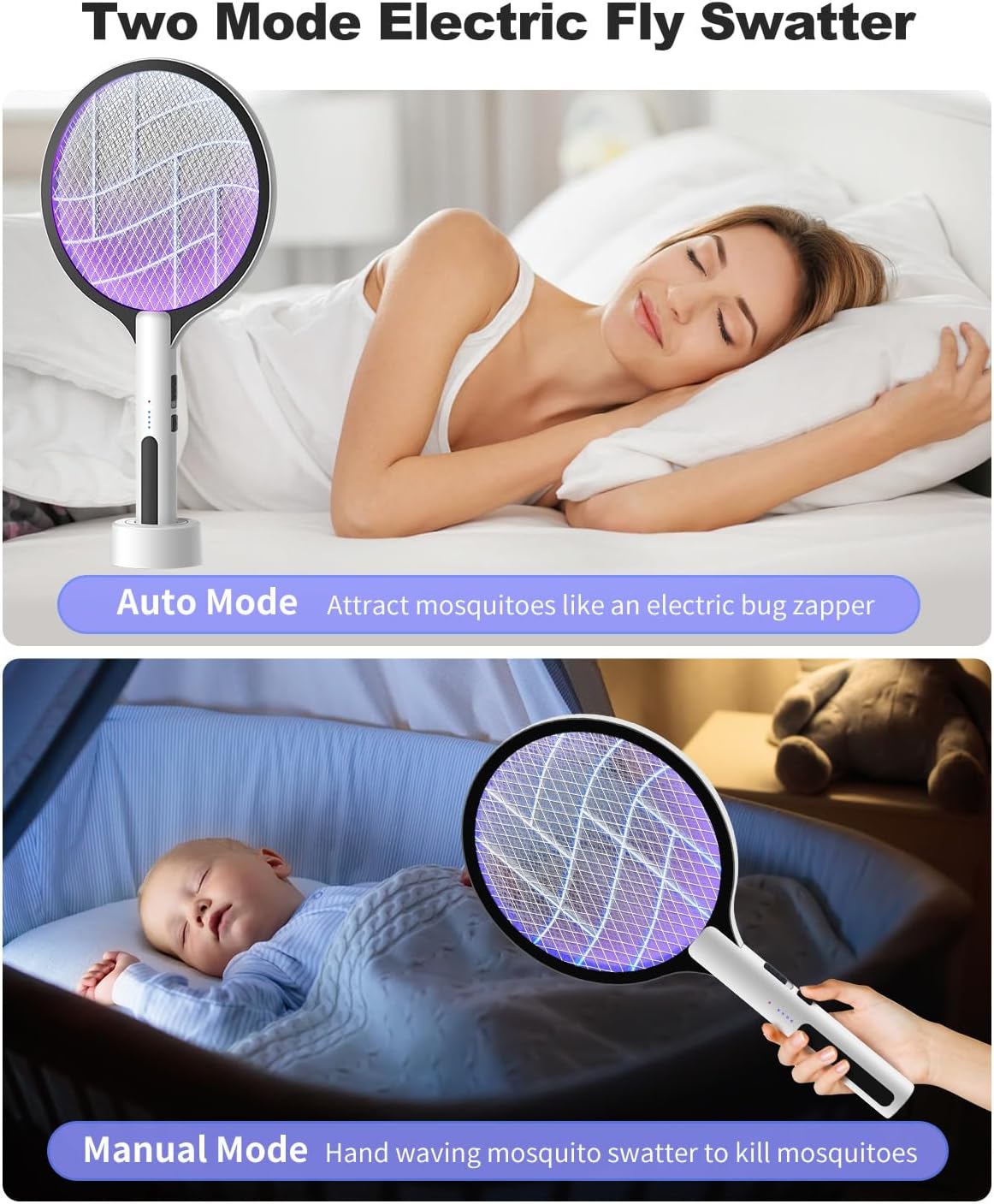 Detalle de DEEZEE 2-Pack Electric Fly Swatter 4500V Bug Zapper Racket: 2-in-1, Rechargeable, Indoor/Outdoor