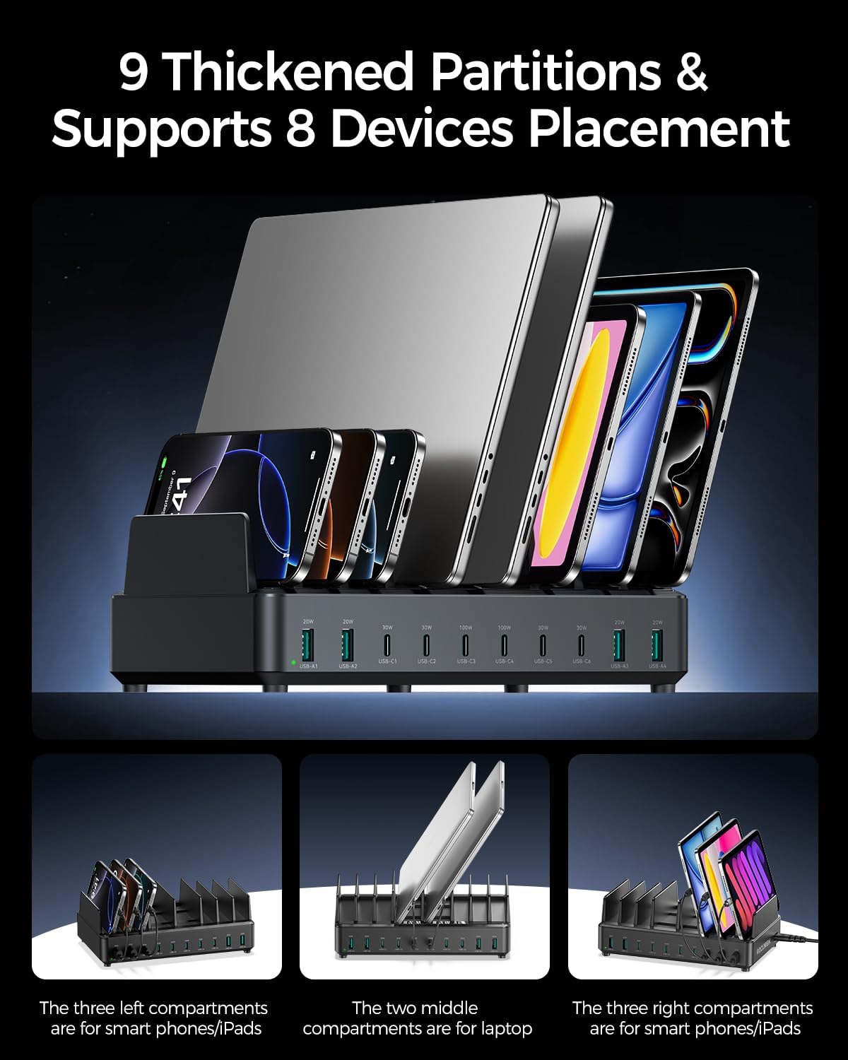 Thumbnail 5 de Rocoren 400W 10-Port USB Charging Station (GaN PD 100W, 6× USB-C + 4× USB-A) for MacBook, iPad and more