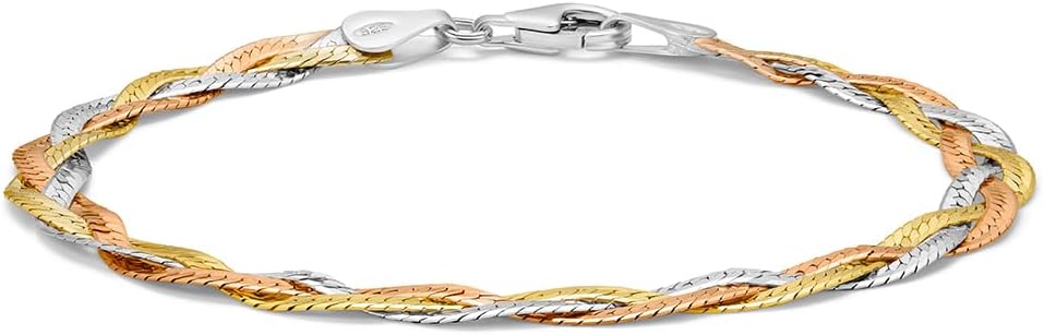 Detalle de MIORE Bracelet Femme Tri-Color Maille Serpent Argent 925 plaqué Or 18K – Bijoirs Hypoallergéniques faits main