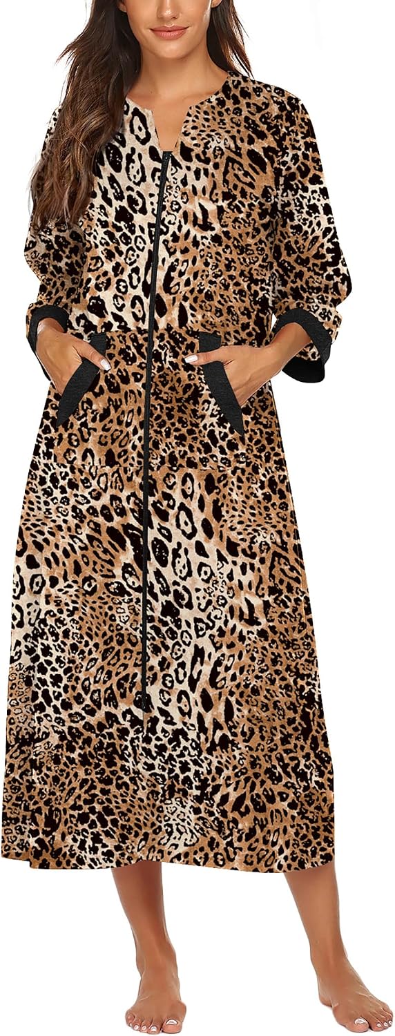 Detalle de Ekouaer Women's Full-Length Zipper Robe with 3/4 Sleeves and Pockets