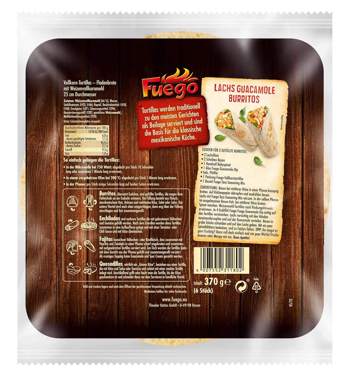 Thumbnail 1 de Fuego Vollkorn Tortilla-Wraps (6 Stück, 25 cm) – Basis für mexikanische Wraps & Burritos
