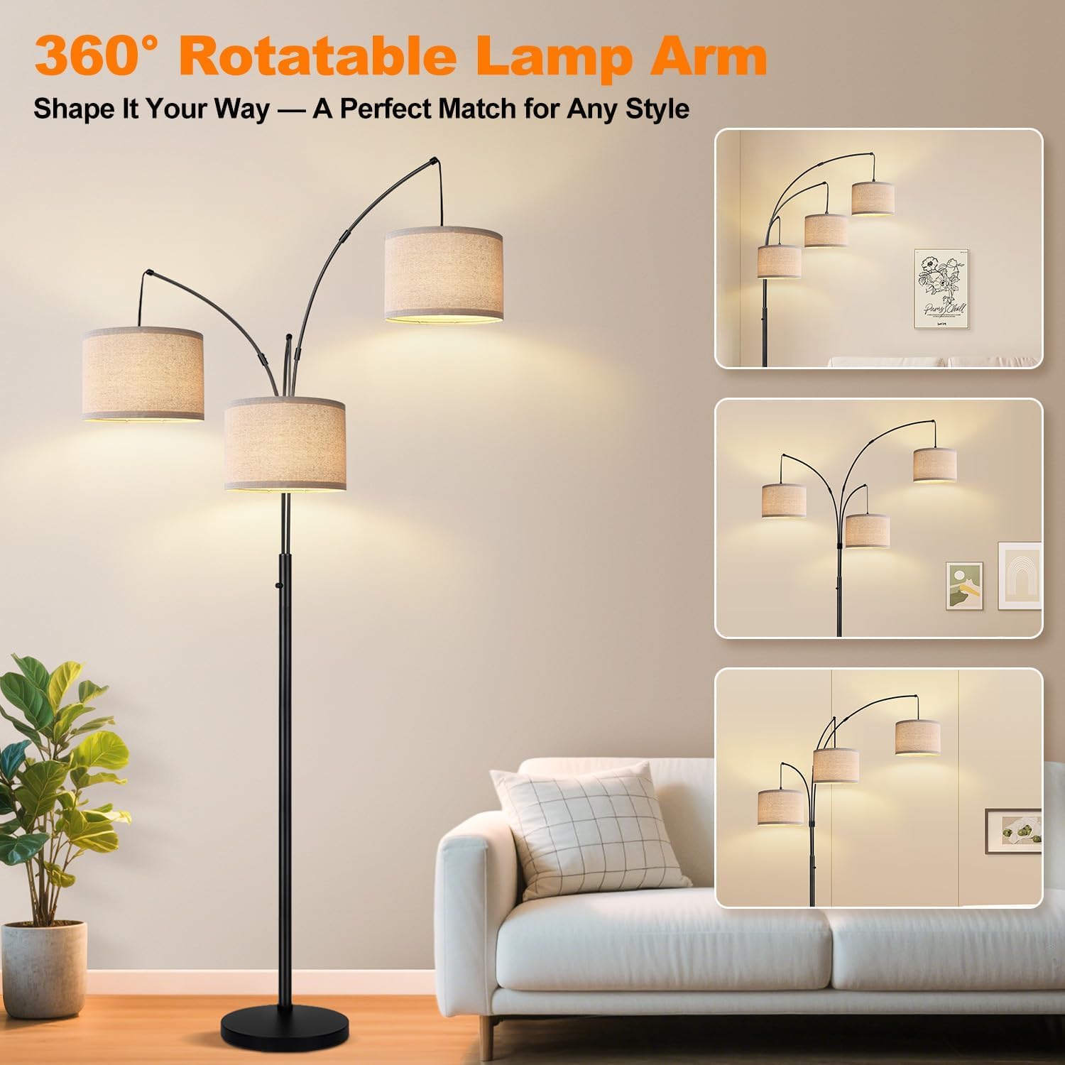 Detalle de Nintiue Dimmable 3-Light Arc Floor Lamp with Beige Shades (E26, 1000LM, 203cm)