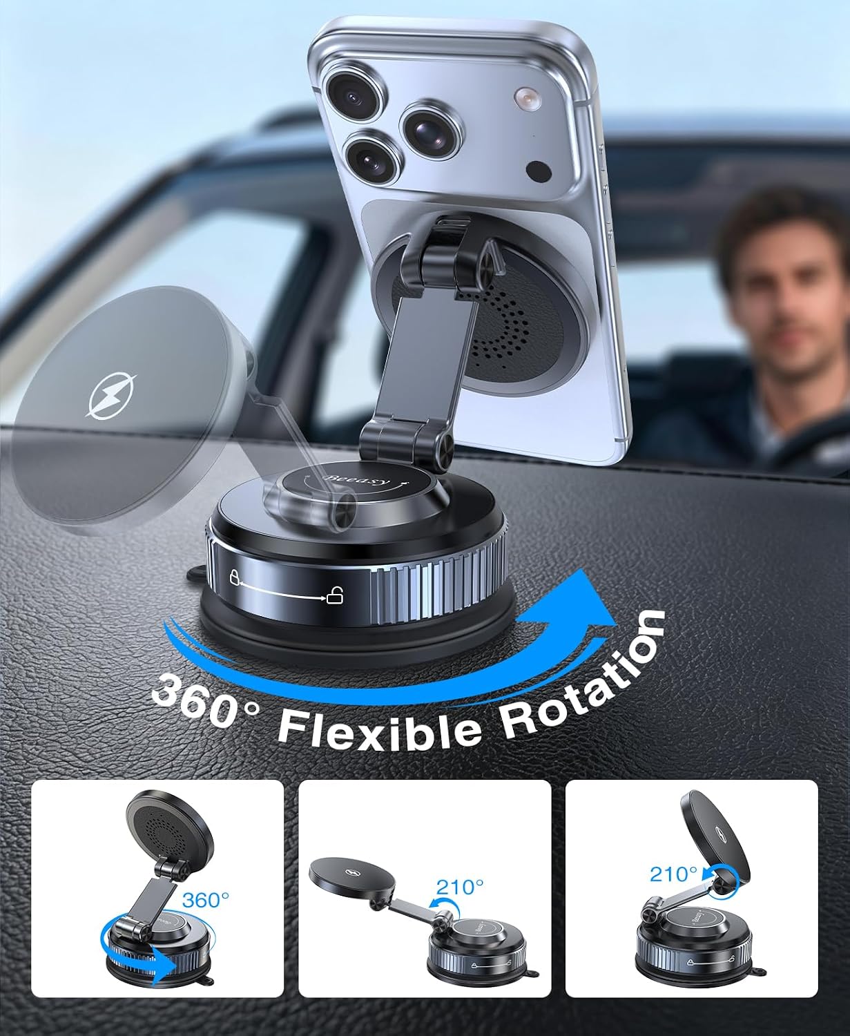 Detalle 2 de Beeasy K003S 15W MagSafe Car Charger with Adjustable Magnetic Mount