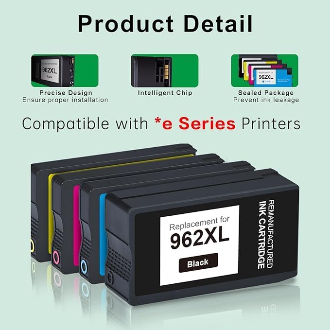 Detalle de SAILNER 962XL Ink Cartridges Combo Pack for HP OfficeJet Pro (4-Color) – Compatibility, Page Yield & Practical Use