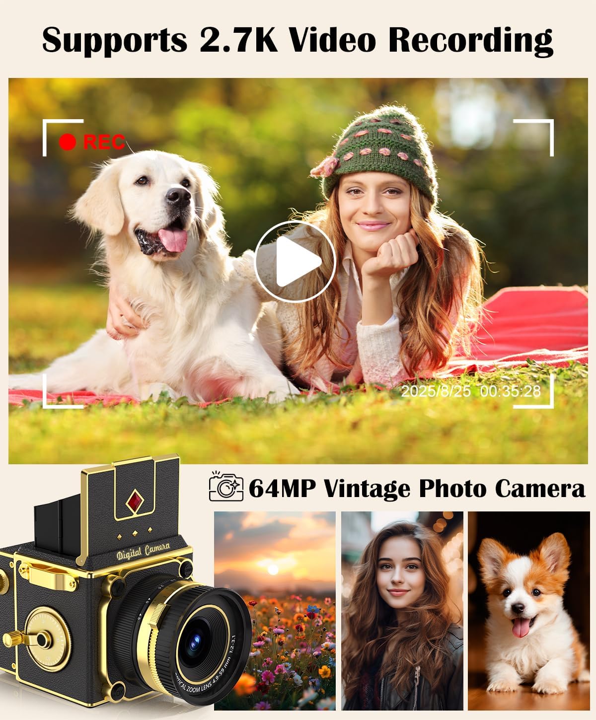 Detalle de Retro Digital Camera - 64MP 2.7K Vintage Mini Vlogging Camera