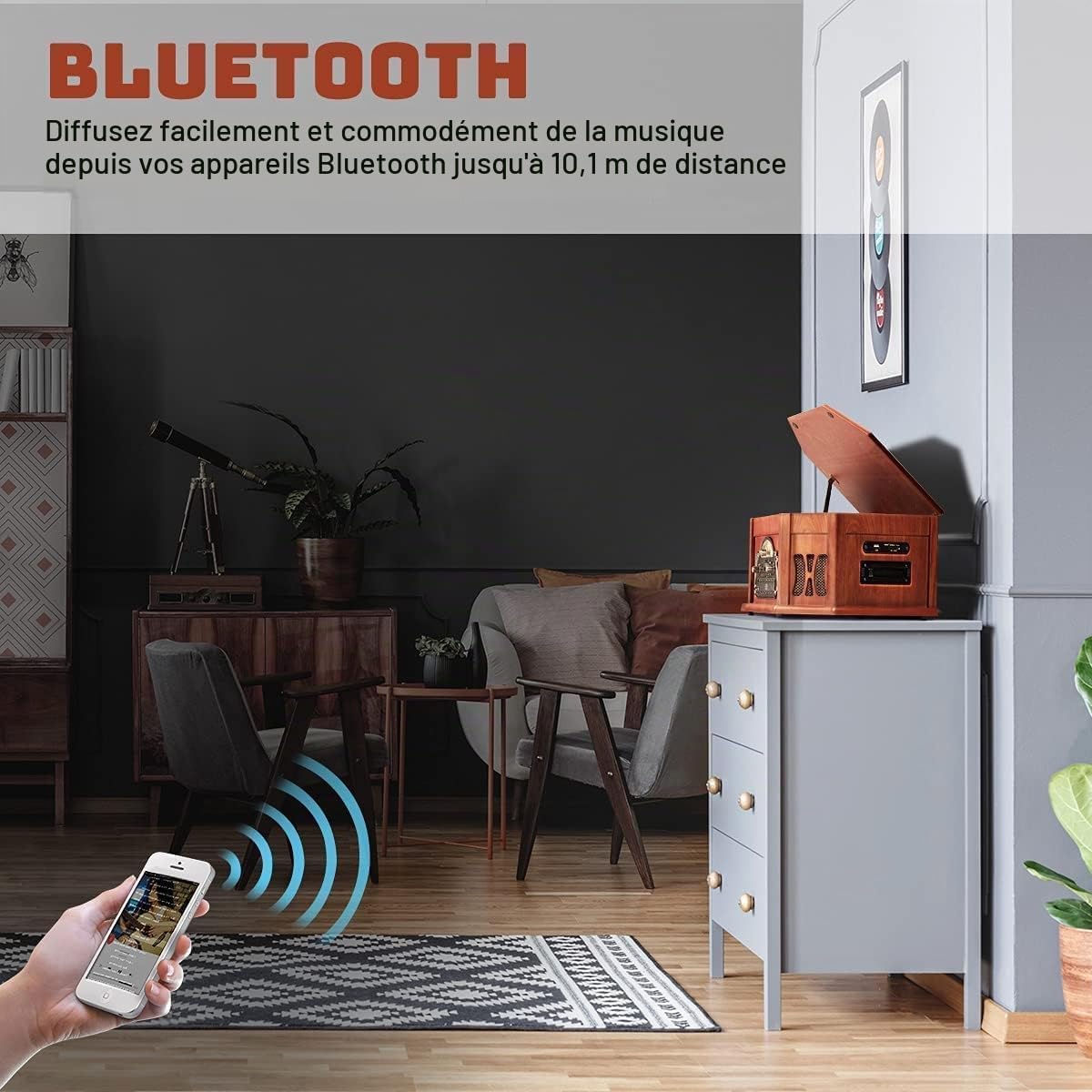 Detalle de ORCC TT-168-REC 10-in-1 platenspeler met Bluetooth, cd, cassette en radio
