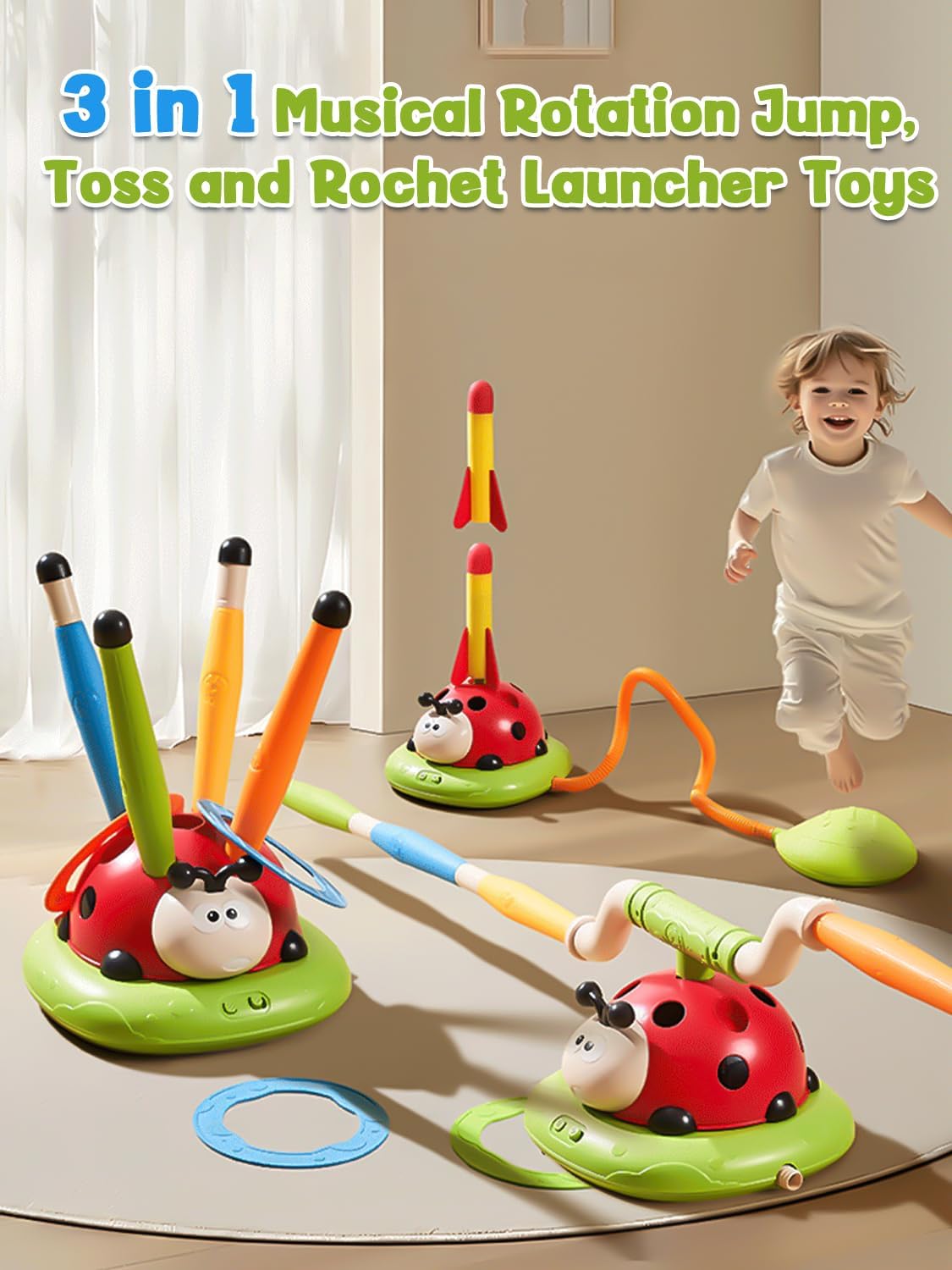 Detalle 2 de Kssvzz 3-in-1 Kids Musical Jump & Toss Ring Rocket Launcher (Ladybird Design) for Ages 3–12