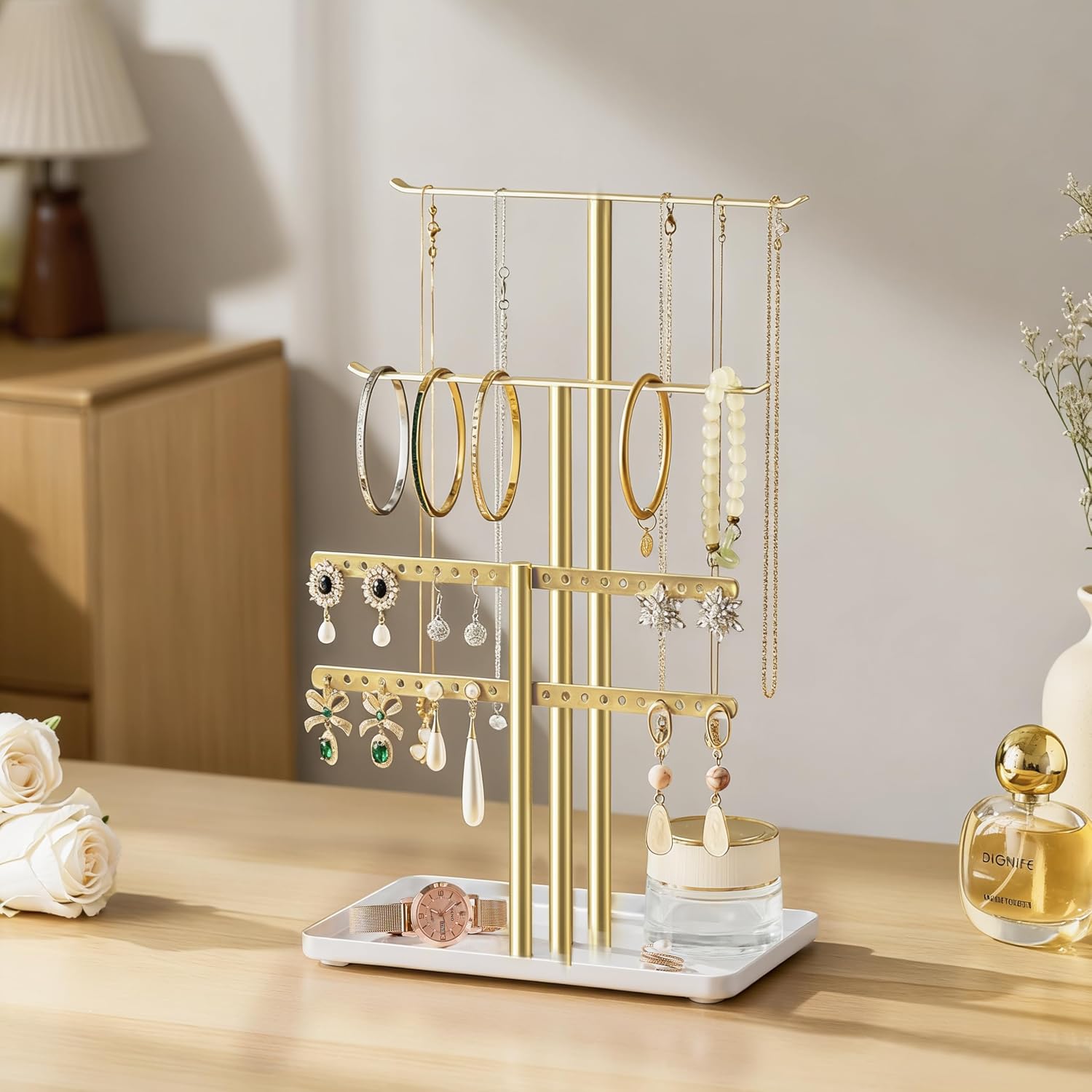 Thumbnail 6 de Schmuck Organizer 32cm Groß — 4 Ebenen, stabiler Schmuckaufbewahrungsschrank von pickpiff (Gold/Weiß)