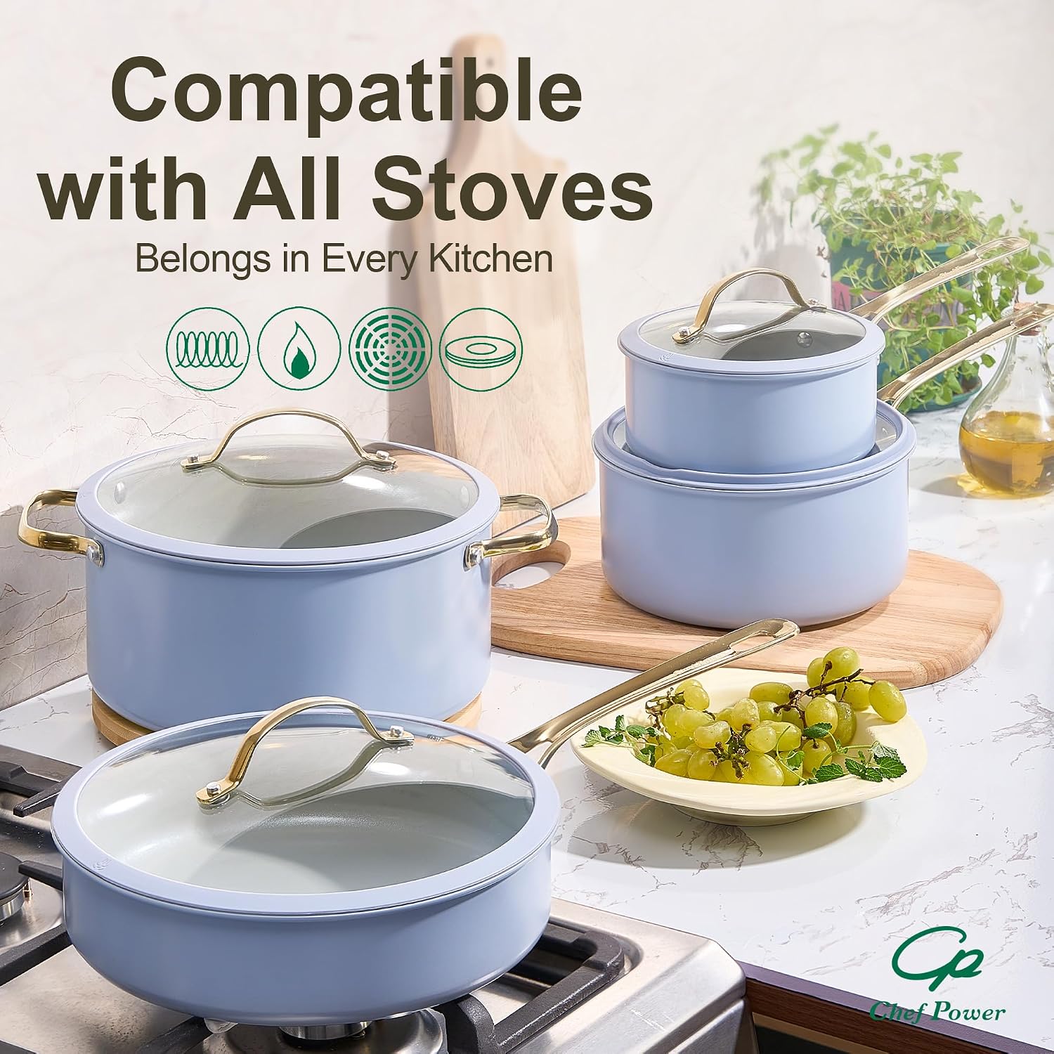 Detalle 1 de Chef Power Light Blue Ceramic Cookware Set, 10-Piece, Oven Safe to 450°F