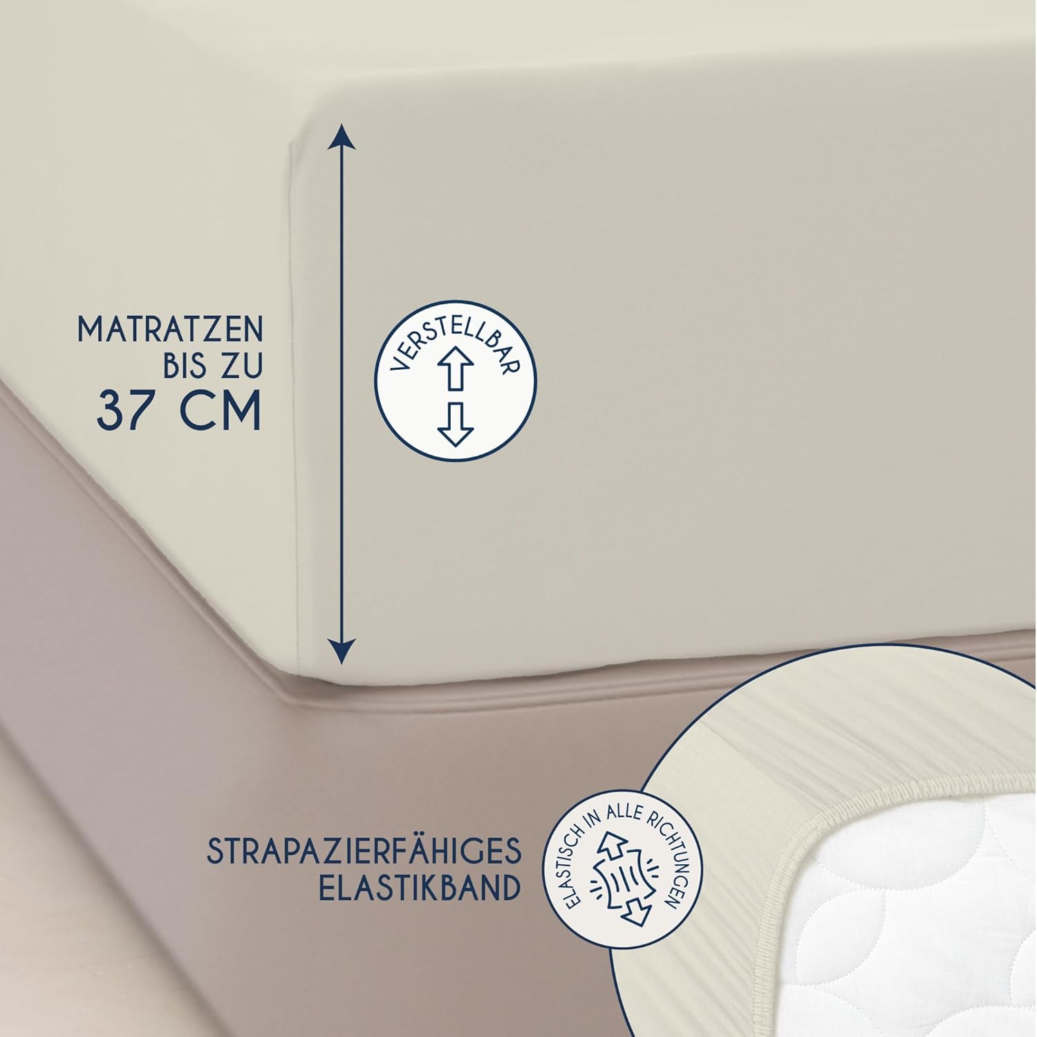 Detalle de Dreamzie Premium Spannbettlaken 180x200 cm / 200x200 cm – Jersey Baumwolle, OEKO-TEX, 37 cm Randhöhe, Beige