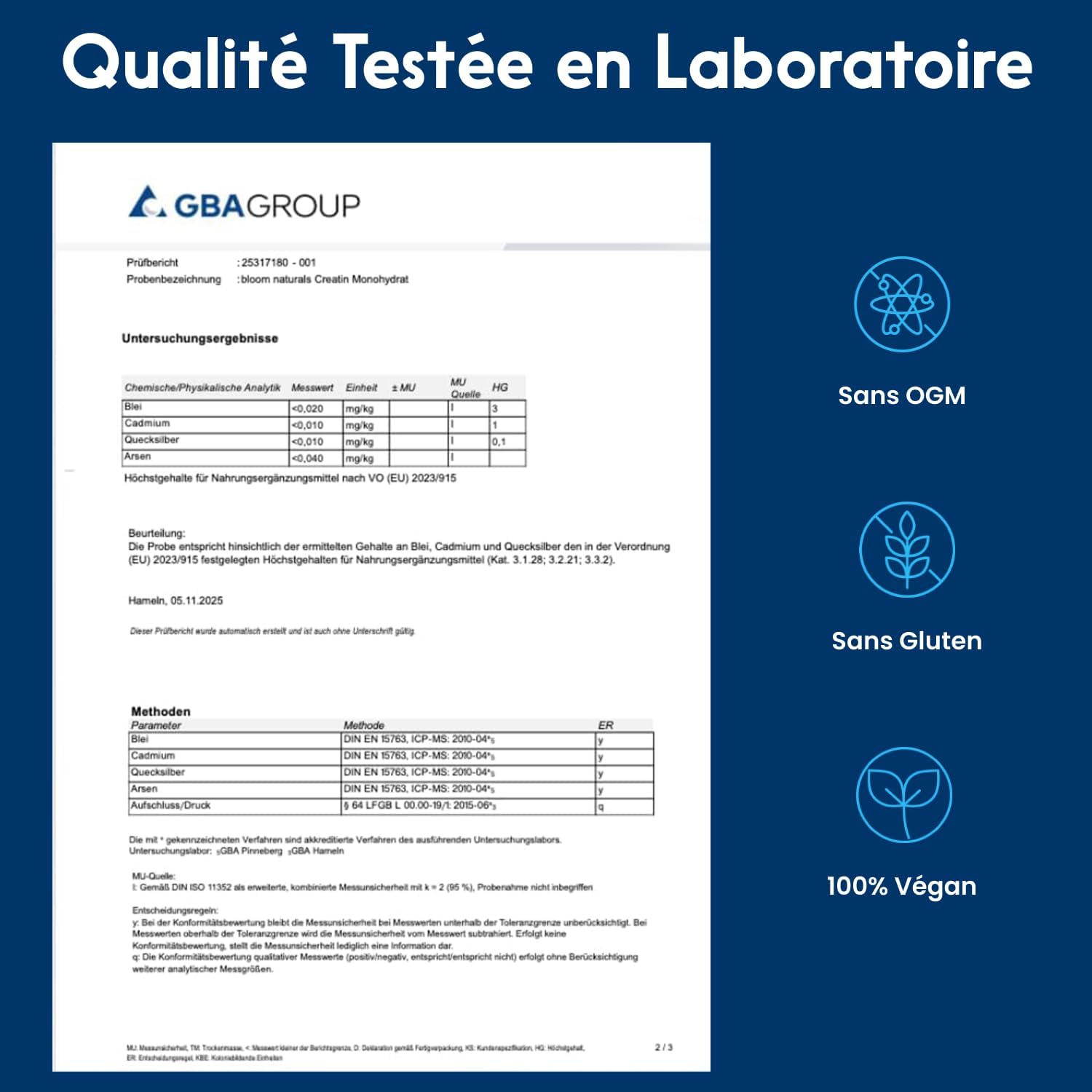 Detalle de Créatine Monohydrate Poudre 1000 g – Mesh 200, goût neutre, vegan – testée en laboratoire