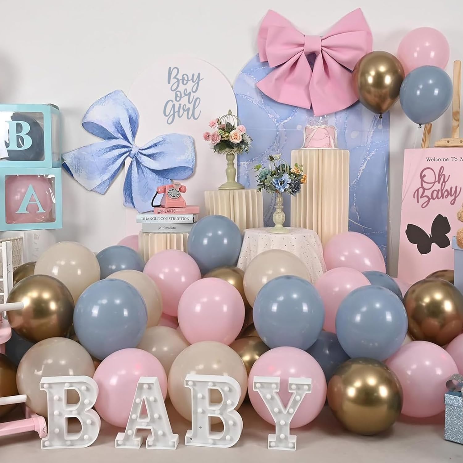 Thumbnail 6 de Gender Reveal Balloons 60-Piece Set (12-Inch) in Dusty Pink, Fog Blue, Sand White & Chrome Gold