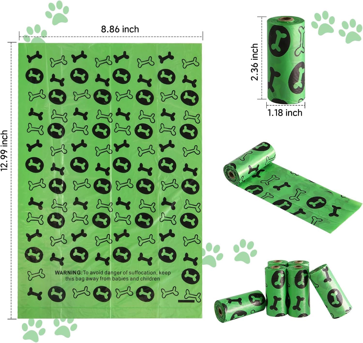 Detalle 2 de OIRLVCE Dog Poo Bags (540 counts / 36 rolls) extra thick, leak-proof dispenser-ready green bags