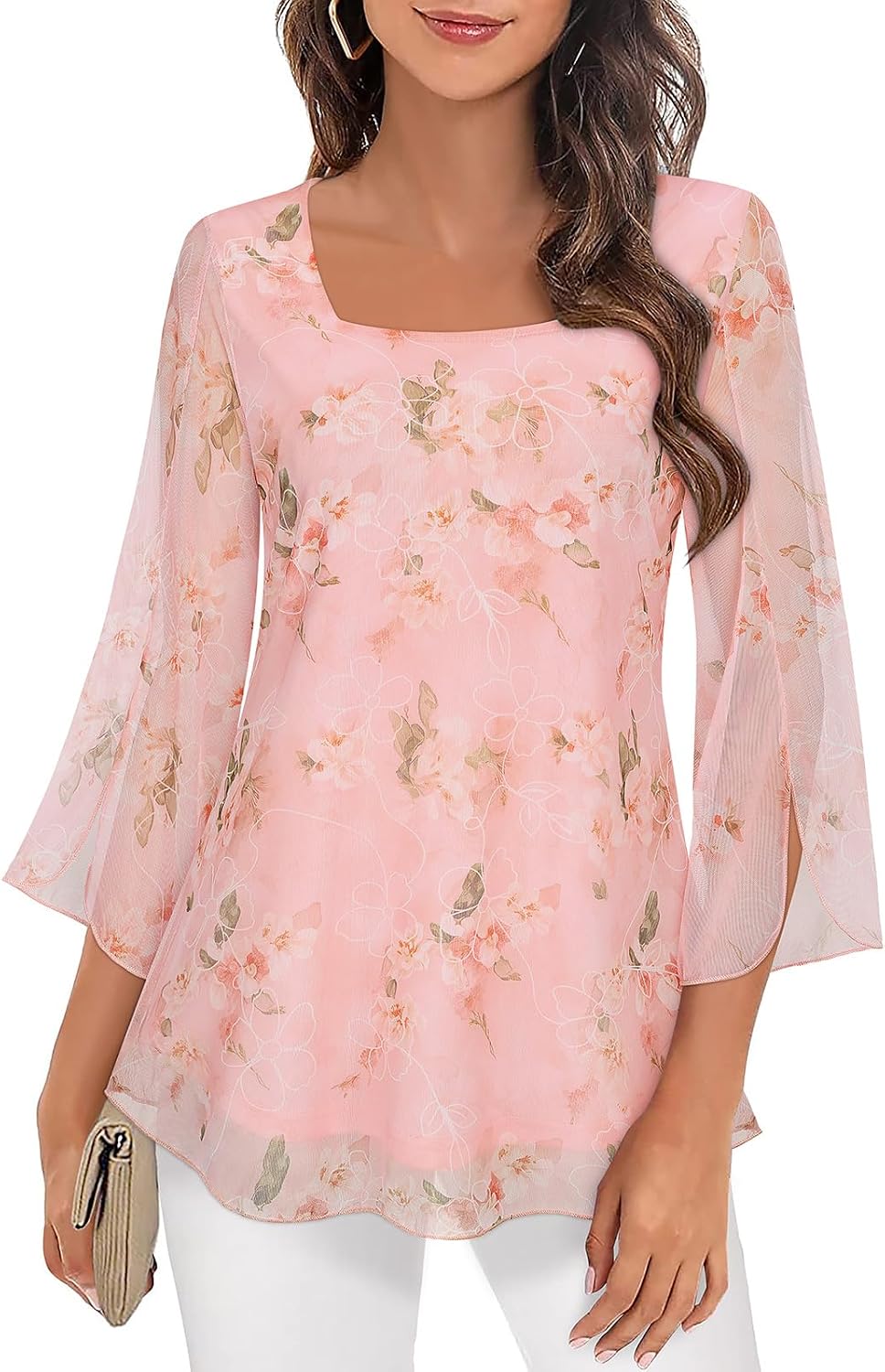 Thumbnail 6 de Syphiby Women's Blouses: Ruffle 3/4 Sleeve Chiffon Tunic Top