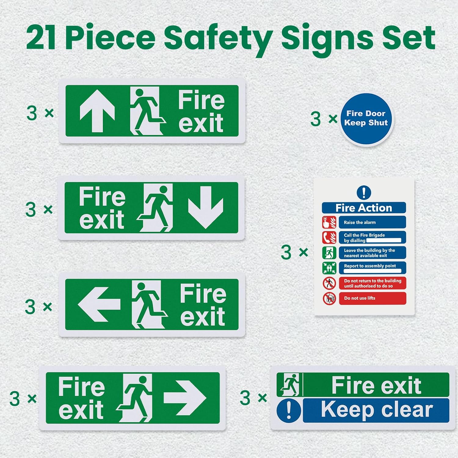 Detalle 2 de 21pcs Premium Fire Exit Sign Kit (Right, Left, Up, Down Arrow) – EN ISO 7010 Compliant