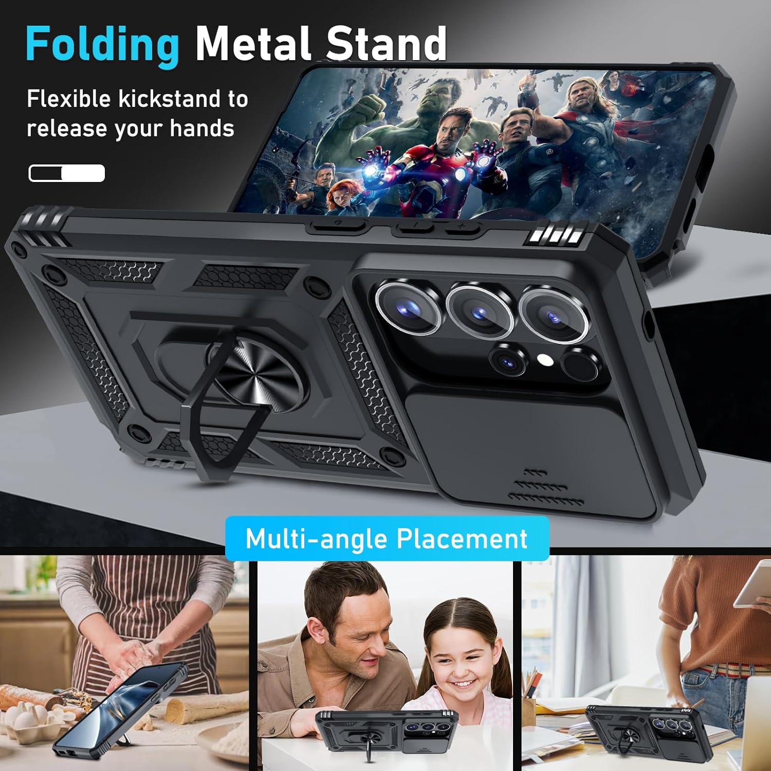 Thumbnail 1 de Janmitta Heavy-Duty Galaxy S26 Ultra Case with Sliding Camera Lens Cover, Screen Protector & 360° Metal Kickstand (2026 Black)