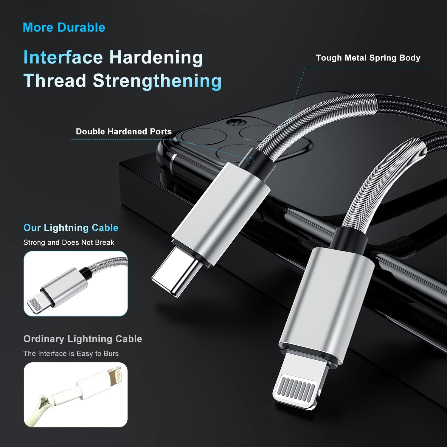 Detalle 2 de 2-Pack 10ft USB-C to Lightning Fast Charger Cable (Apple MFi Certified) for iPhone & iPad