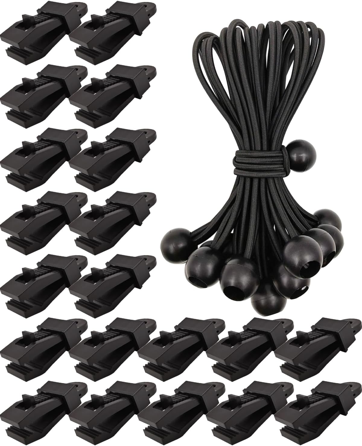 20pc Heavy-Duty Tarpaulin Clips & 6 Inch Bungee Balls Set (Black)