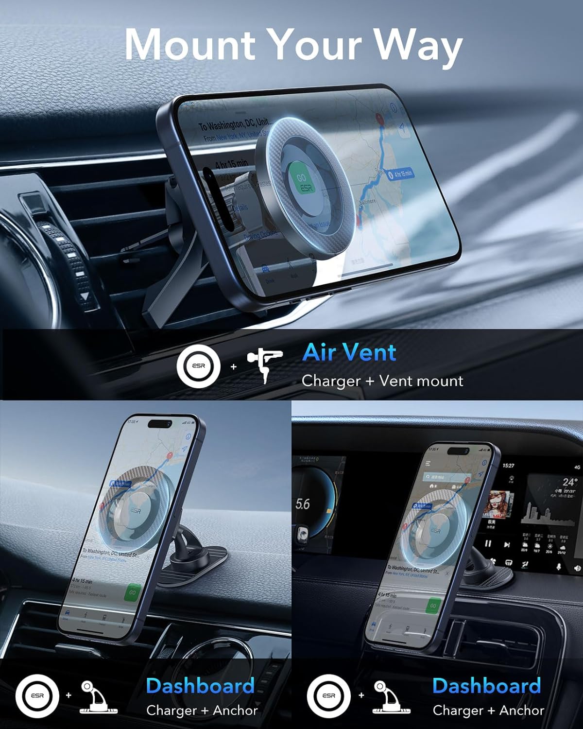 Thumbnail 5 de ESR for MagSafe Car Mount – Magnetic phone holder for air vents and dashboard with 2 metal rings