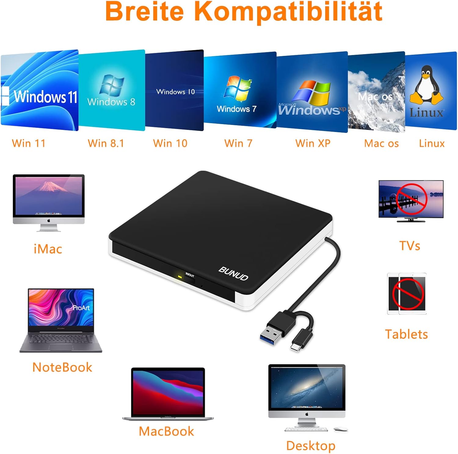 Thumbnail 5 de BUNUD Externes 5-in-1 DVD-Laufwerk für Windows 11 (USB 3.0 / USB-C, SD/TF, CD/DVD Brenner & Player)