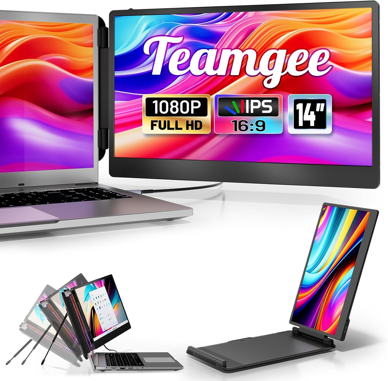 Detalle de Teamgee Laptop Monitor Erweiterung 14" FHD IPS – Tragbarer Dual-Screen Monitor mit integrierter Stand- und Lautsprecherlösung