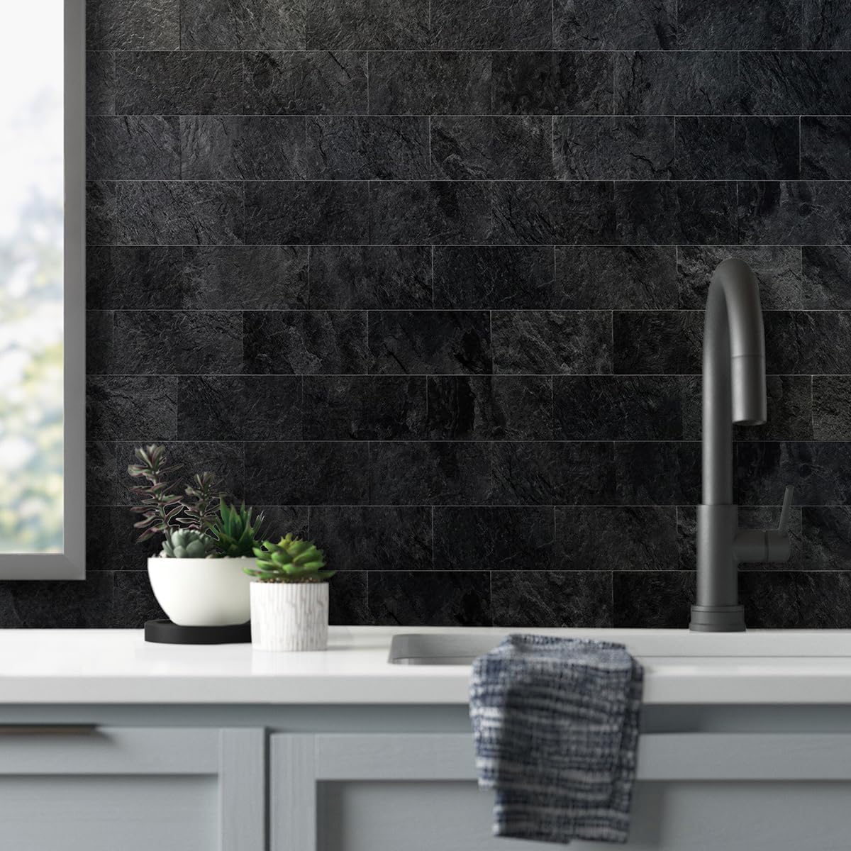Thumbnail 1 de AULIGET 100-Piece Black Slate Peel and Stick Backsplash Wall Tiles, 3" x 6" PVC Faux Stone
