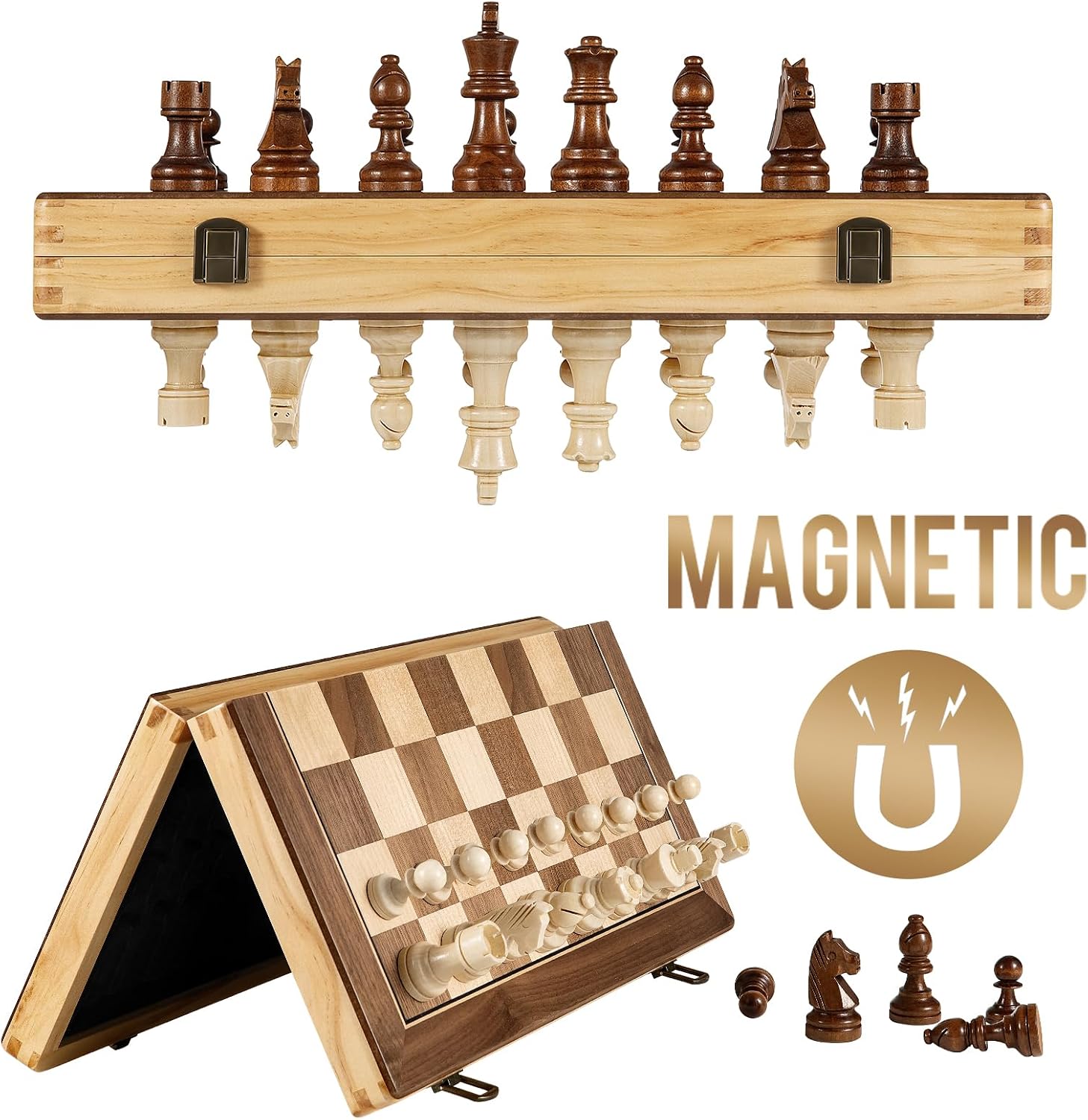 Detalle de Sihaiyuan 15” Magnetic Wooden Chess Set – Travel Chess & Checkers, 2-in-1 Foldable Board