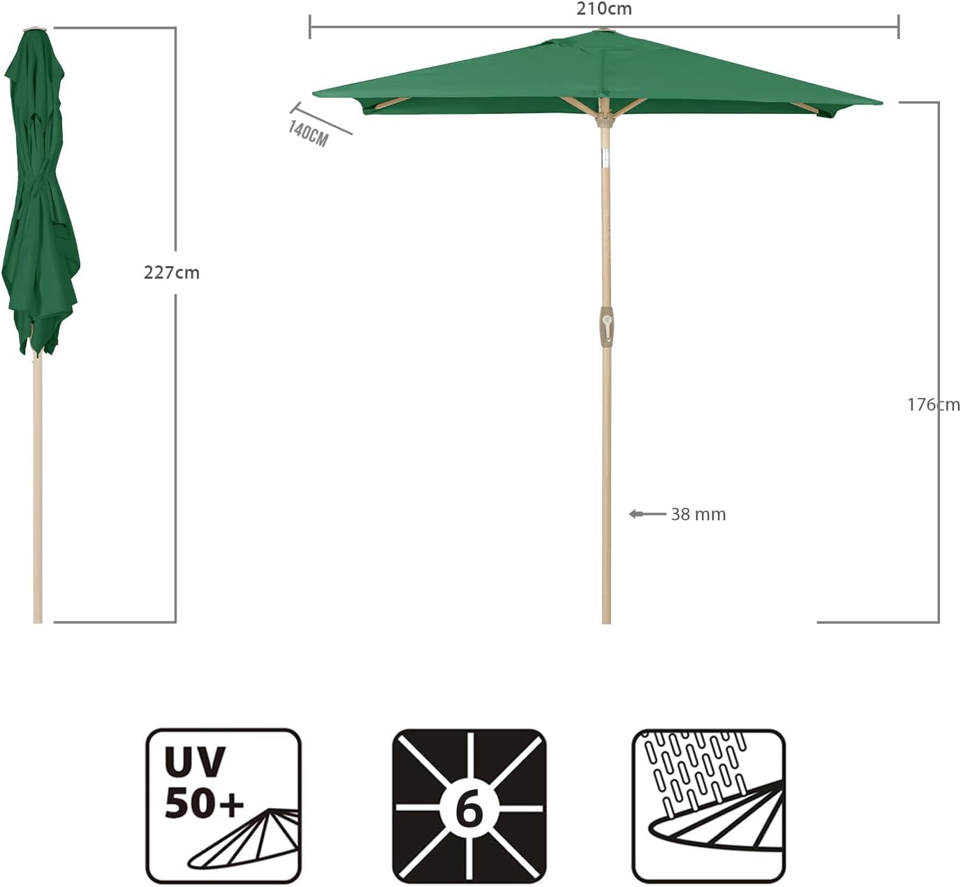 Thumbnail 6 de Sekey® Rechteck-Sonnenschirm 210 × 140 cm mit Aluminiumgestell, UV-Schutz 50+