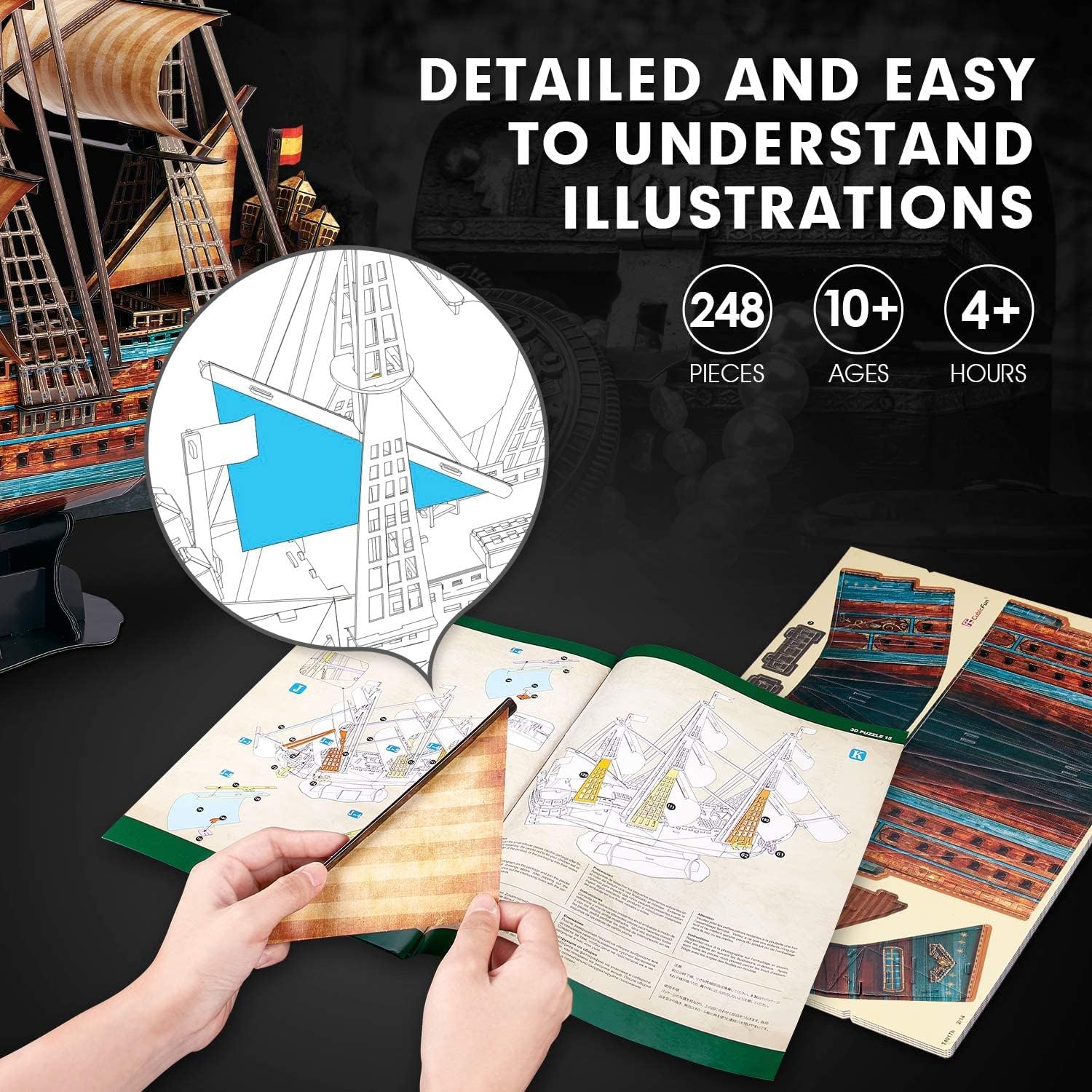 Detalle de CubicFun 3D Puzzle Model Ship (San Felipe) Boat Construction Kit – 248-Piece Papercraft Display Model