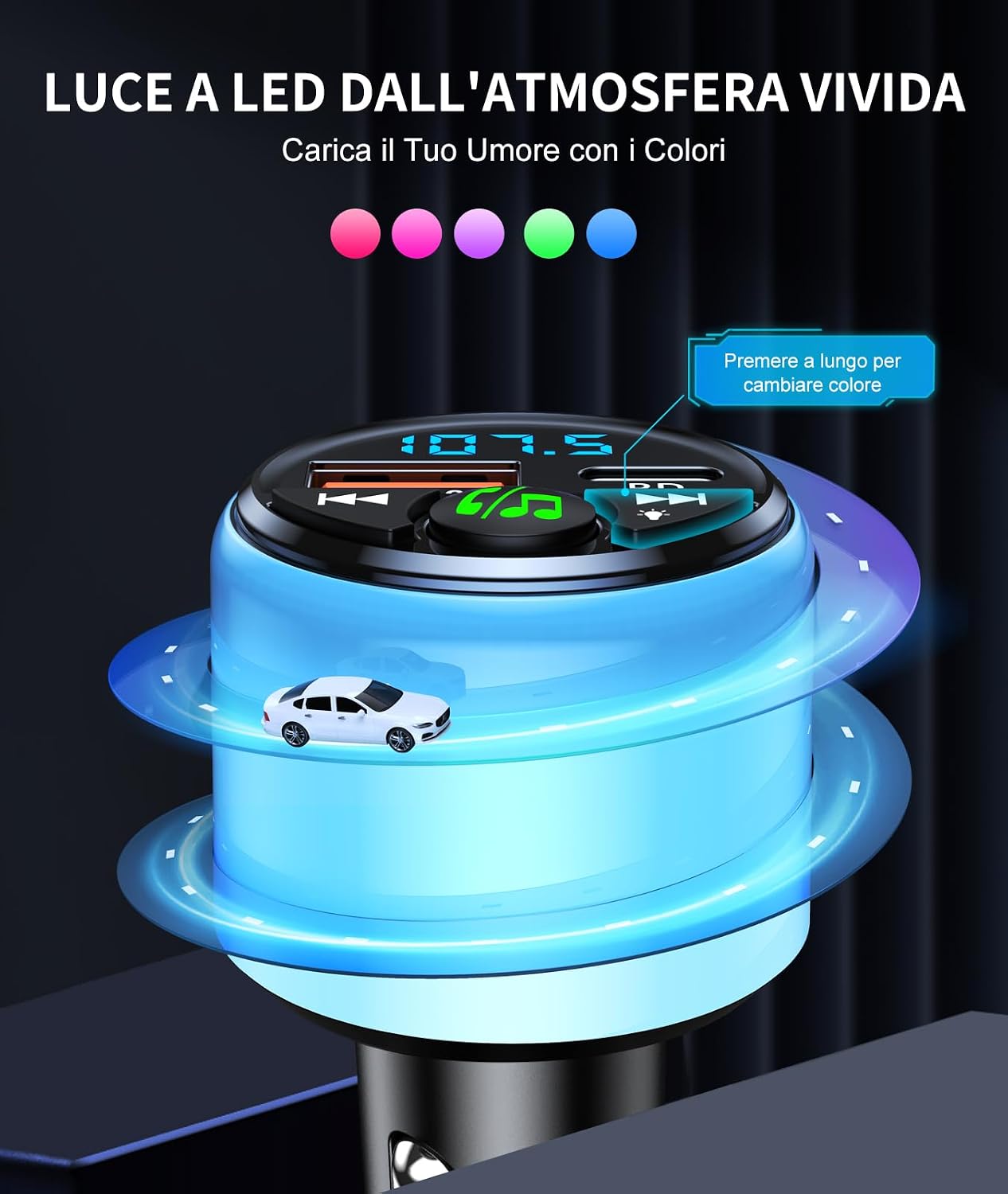 Thumbnail 3 de Mohard Trasmettitore FM Bluetooth 5.3 per Auto con PD 30W e QC3.0 18W, LED Ambient e Vivavoce