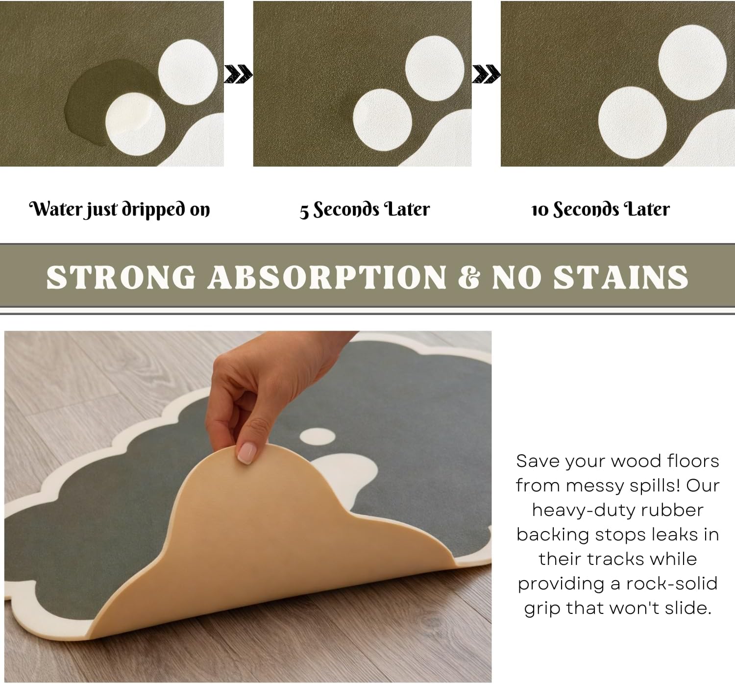 Detalle de Absorbent Pet Food Mat with Scalloped Edge – 30 x 50cm, Sage Green