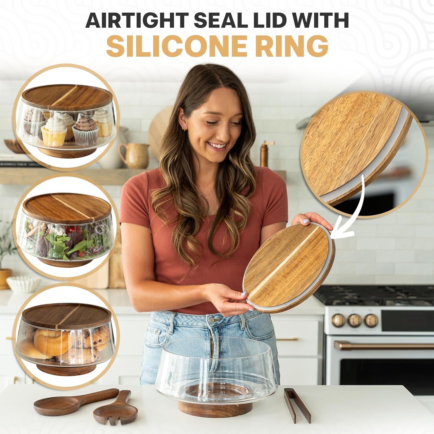 Thumbnail 4 de Oria Cook Large Glass Salad Bowl with Lid Set (5.7 L) + Wood Utensils
