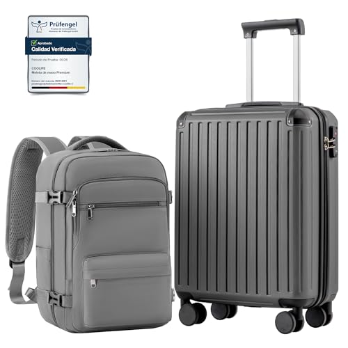 Detalle de COOLIFE Maleta de Cabina 55 x 40 x 20 cm + Mochila de Negocios Apto Cabina (Set 2 Piezas) - Gris