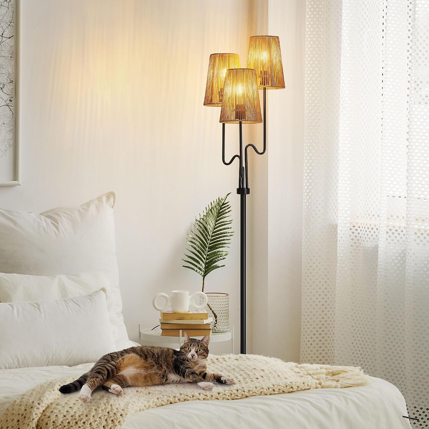 Detalle de Boho Floor Lamp 68in rattan 3-light standing lamp ๐