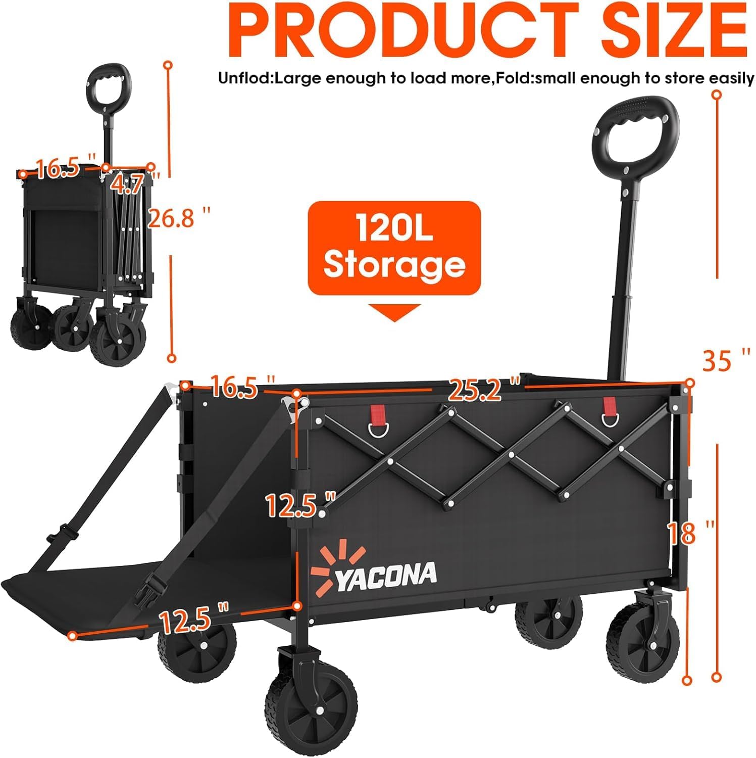 Detalle 2 de Bollerwagen Faltbar 360lbs Schwerlast – Faltbarer Handwagen mit Heckklappe (Schwarz)
