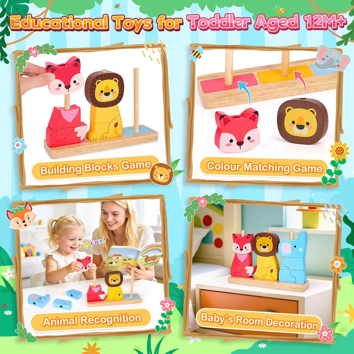 Detalle 2 de Montessori Wooden Stacking Animal Toy Set for 1–3 Year Olds (Elephant, Lion, Fox)