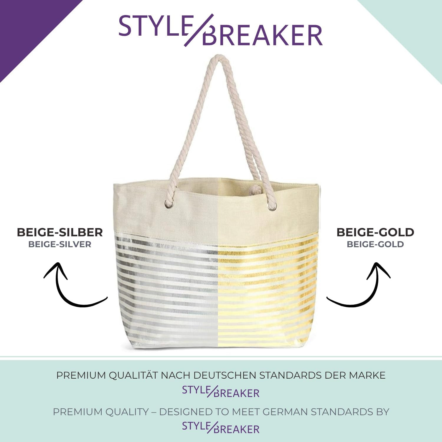Detalle de styleBREAKER Borsa da spiaggia XXL con stampa a righe metalliche e cerniera – Beige-Oro