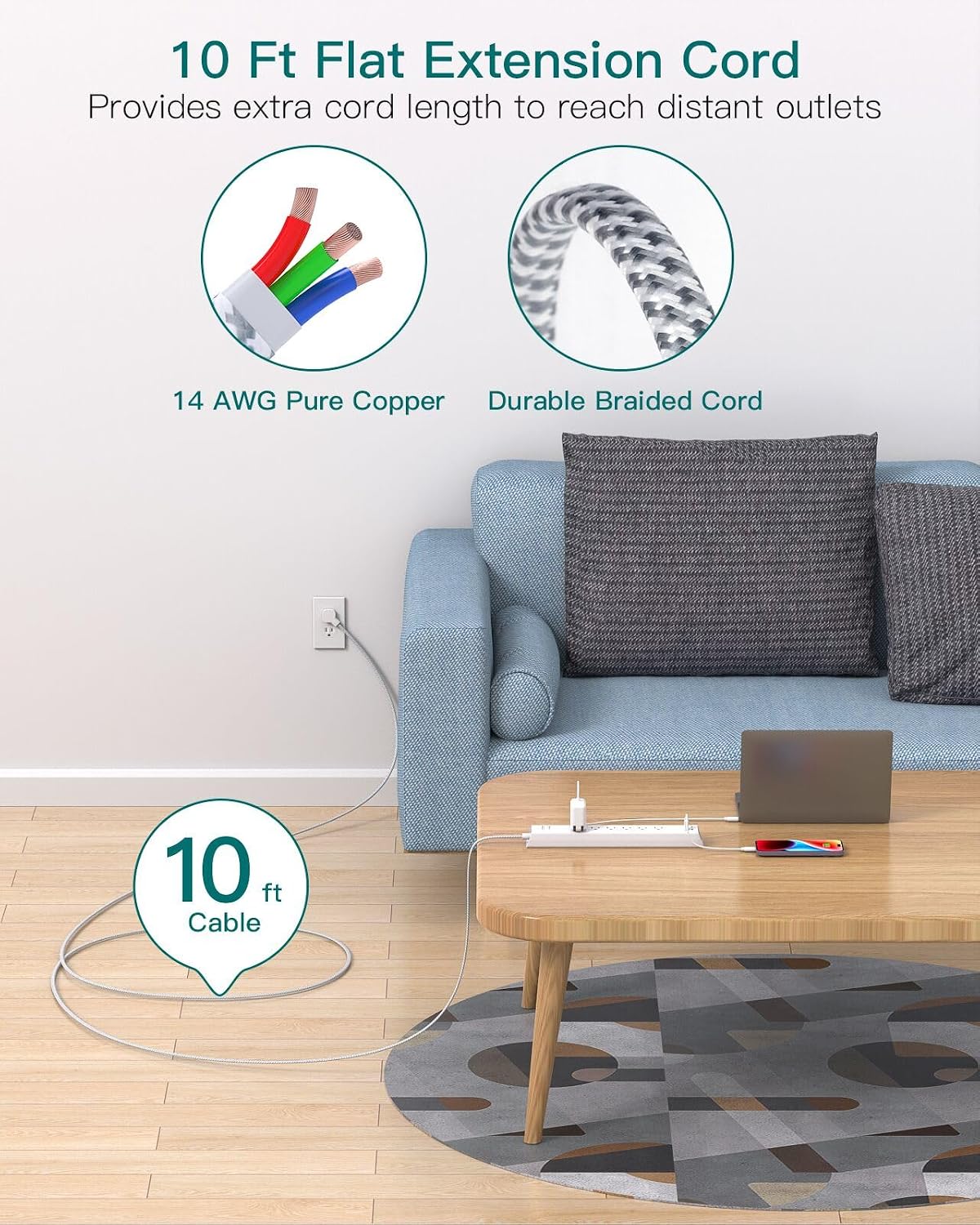 Detalle 2 de Extension Cord 10 ft Power Strip with 6-Outlets 2 USB-C 🔌