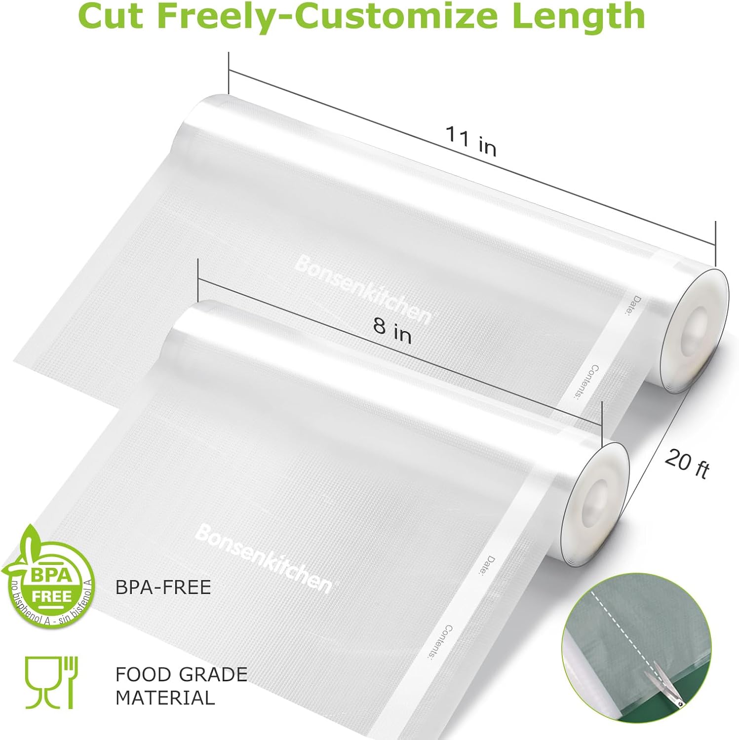 Detalle 2 de Bonsenkitchen Vacuum Sealer Rolls Bags — 3 Rolls 11x20' + 3 Rolls 8x20' (BPA-Free, 4 Mil, Microwave/Boil Safe)