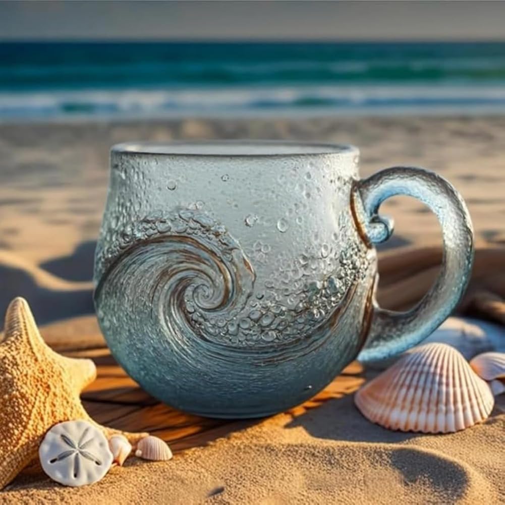 Detalle de WEISIPU Sea Wave Glass Mug – Handblown Sea Glass Wave 12 Ounce Drinkware