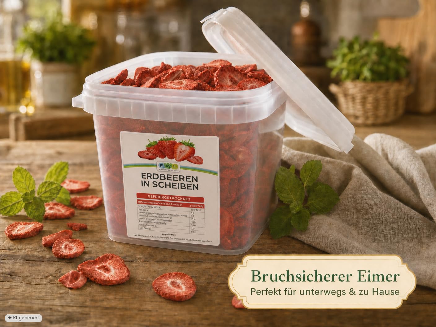 Detalle de EWL Gefriergetrocknete Erdbeeren 400 g – 100% Frucht, ohne Zucker, veganer Snack