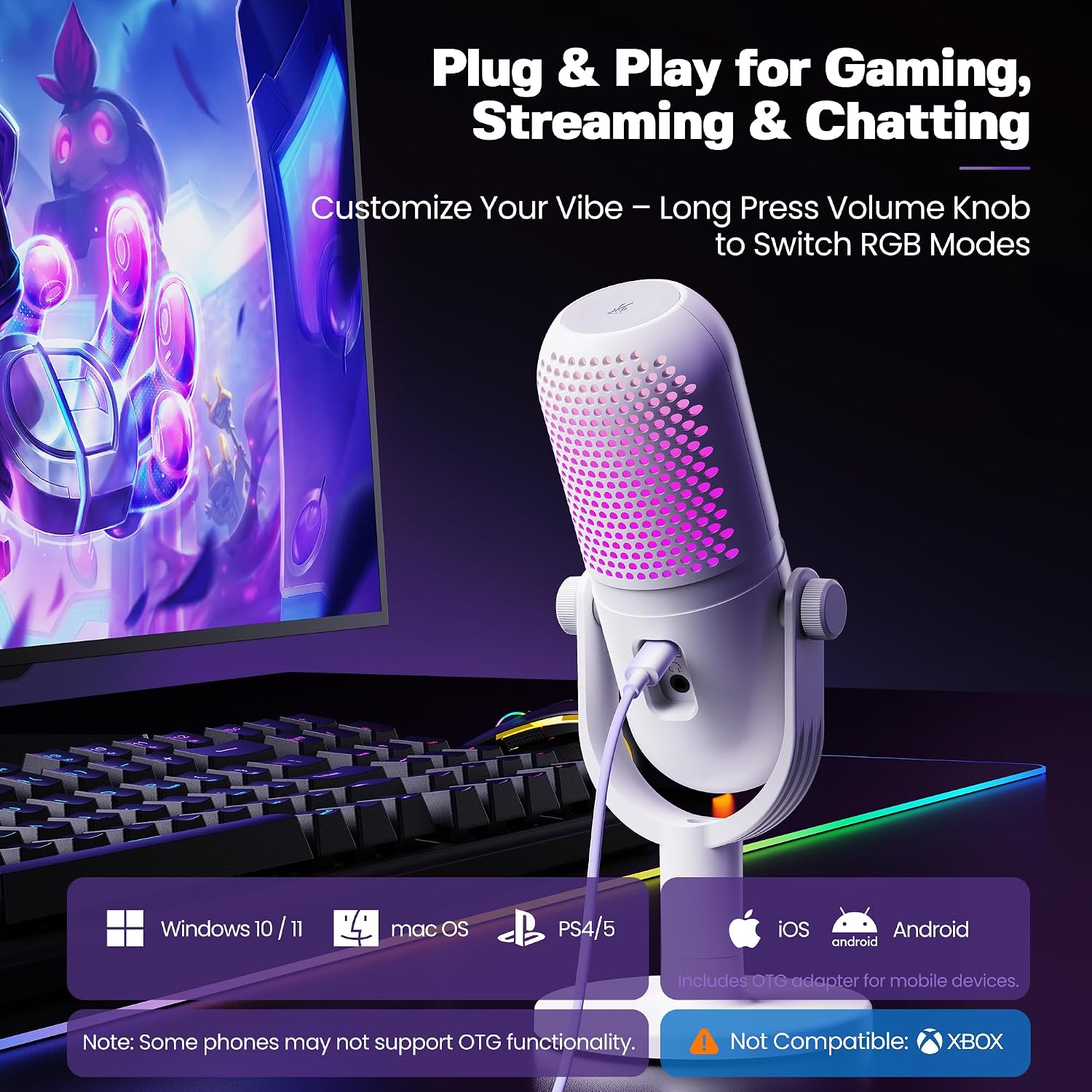 Detalle de GUEVWES ZTD39 USB Condenser Microphone with RGB, Reverb and One-Touch Mute