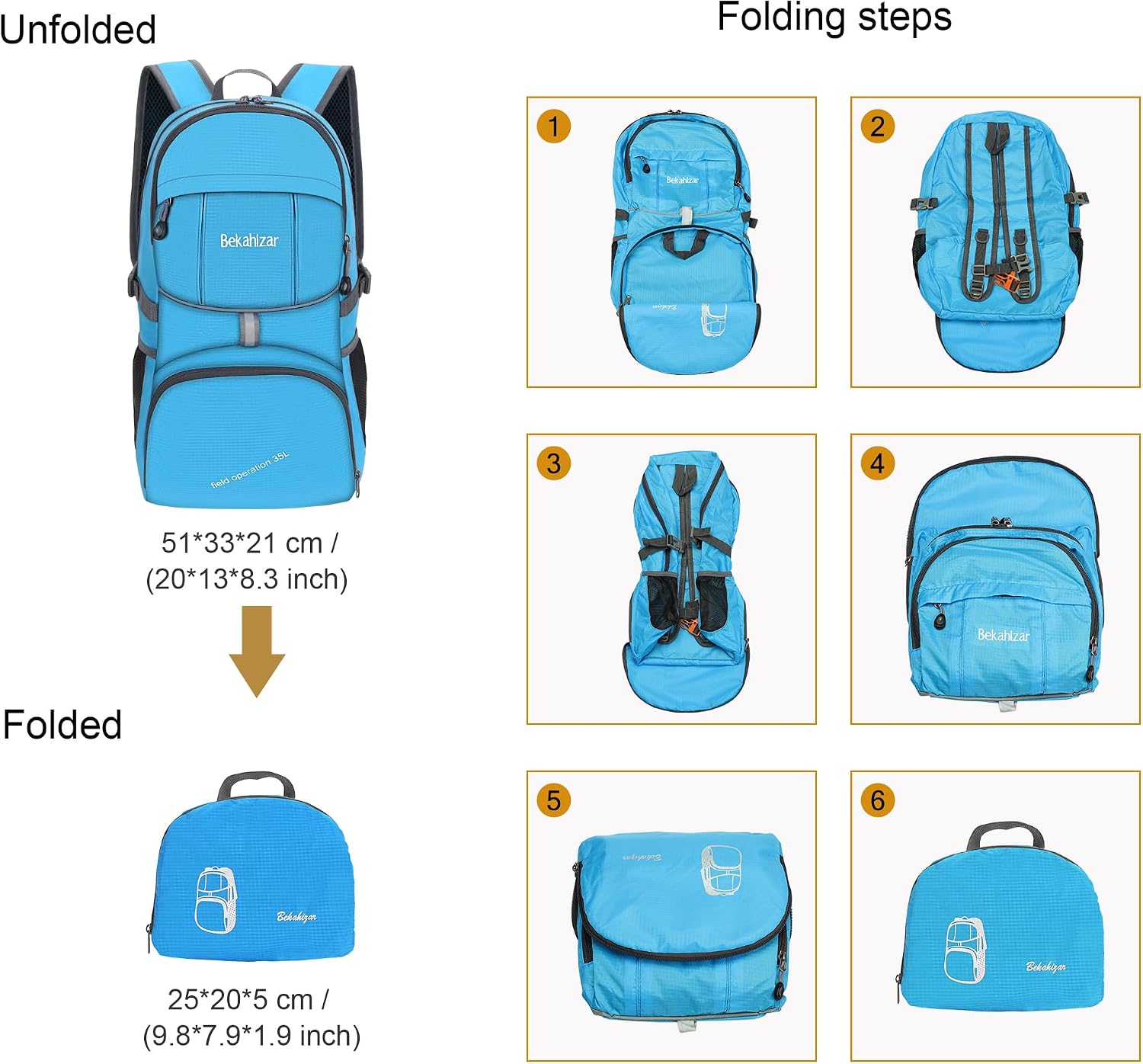 Detalle de Bekahizar Lightweight Foldable Backpack 35L (Blue) – packable daypack for hiking, travel and everyday trips
