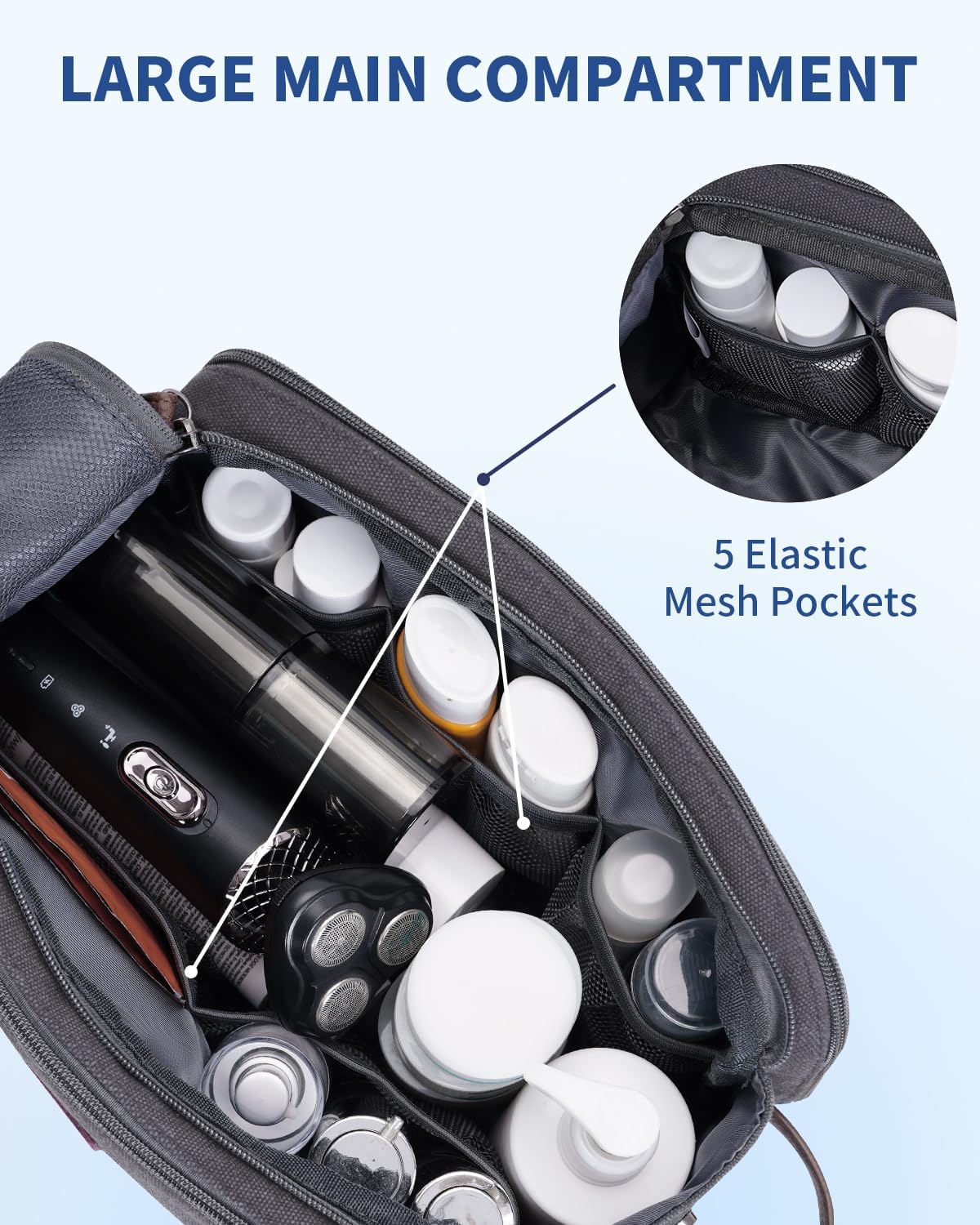 Detalle de WANDF Toiletry Bag for Men Travel Wash Bag: Large Capacity Dopp Kit in Grey (Water-Resistant Canvas & PU Leather)