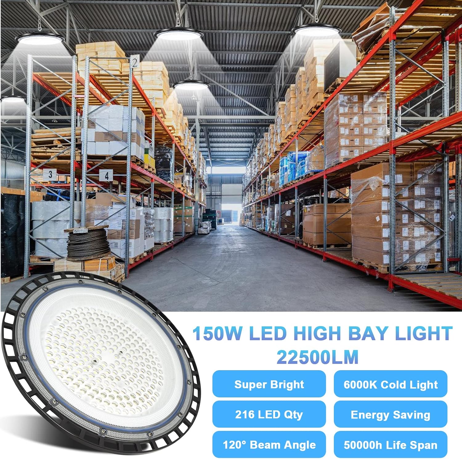 Detalle de ZXICH UFO LED High Bay Light, 150W, 22,500 lm, IP65, 4 Pack
