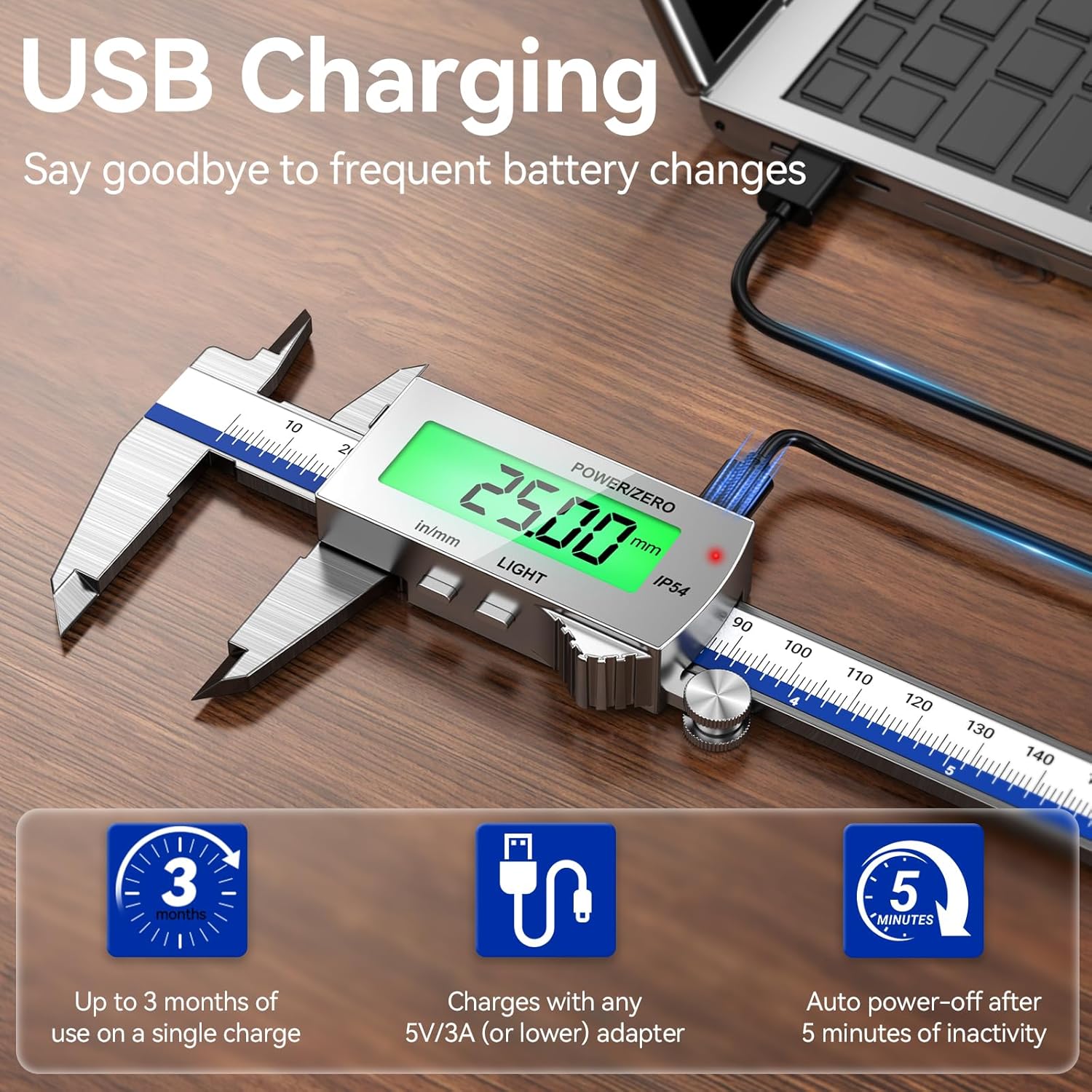 Detalle de Pied à coulisse numérique Preciva 150 mm avec rétroéclairage et écran LCD (Rechargeable, IP54) – conversion mm/pouce