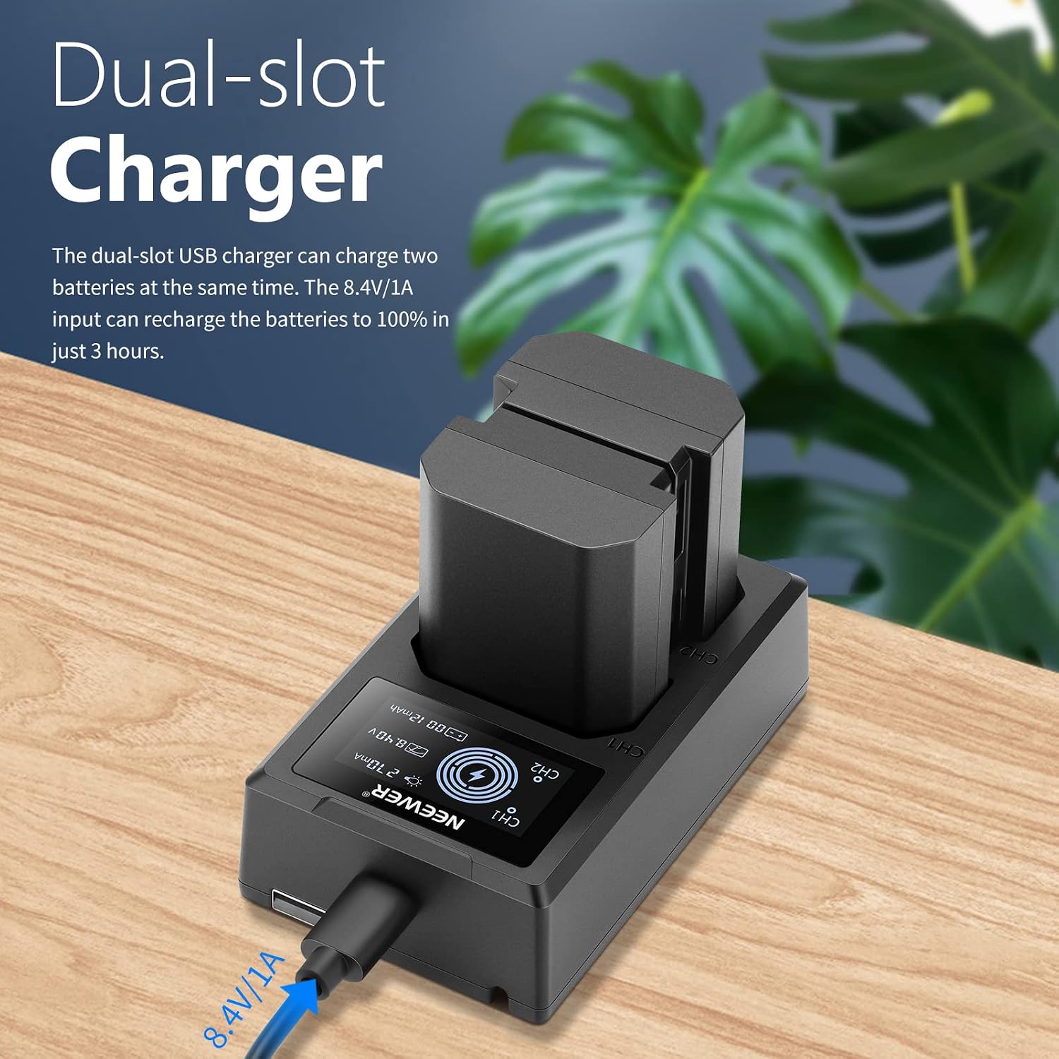 Detalle 2 de NEEWER NP-FZ100 : kit chargeur double USB + 2 batteries de remplacement (2280 mAh) pour appareils Sony