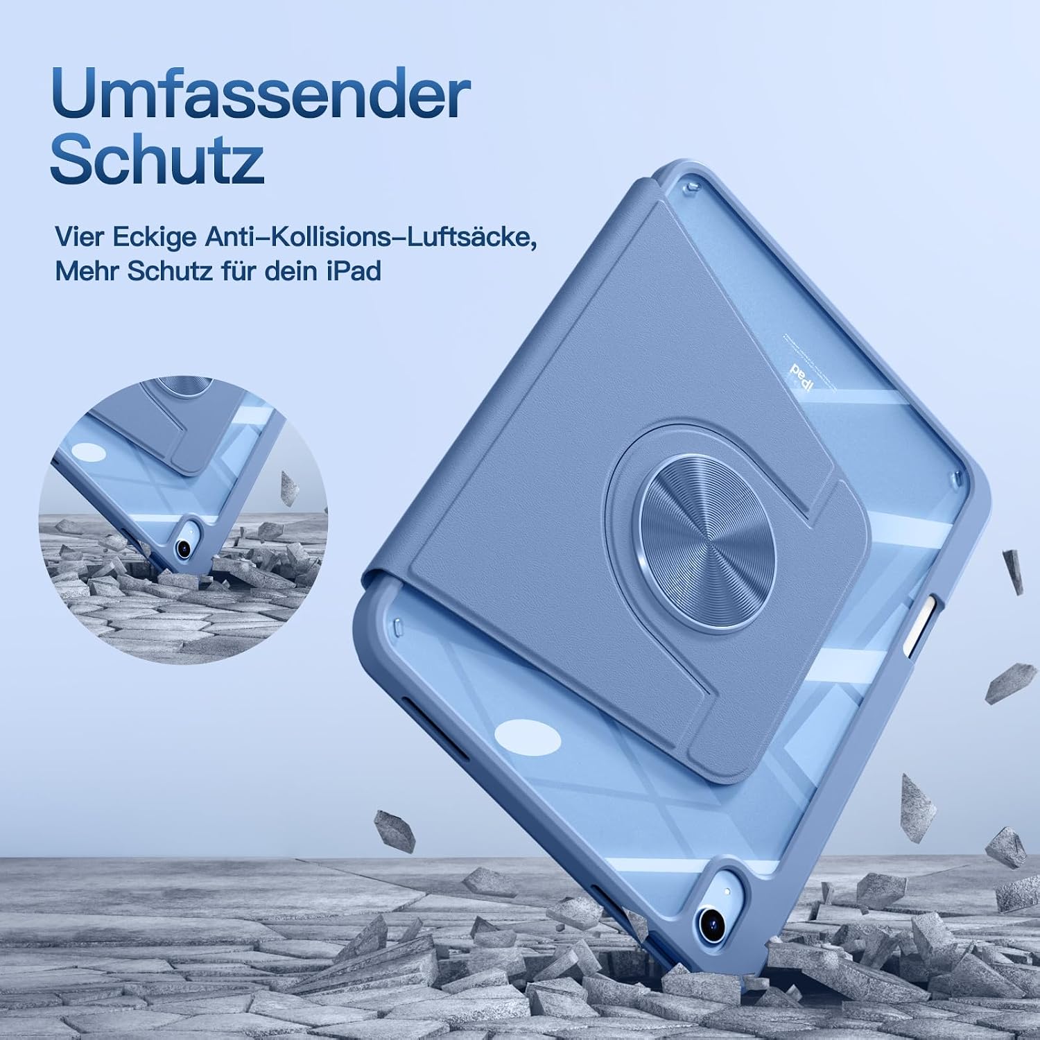 Thumbnail 6 de drivego 360° drehbare Hülle für iPad (A16) – magnetisch, abnehmbar, mit Stifthalter, transparentem Hart-PC-Backcover, blau