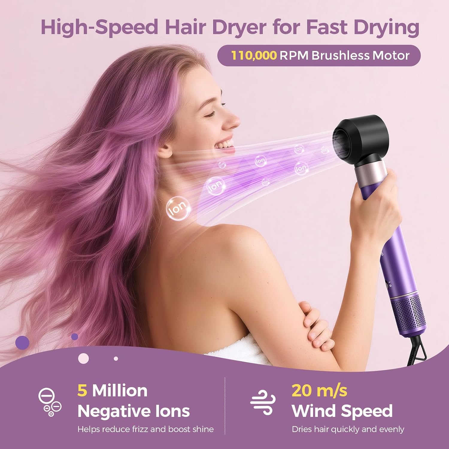 Thumbnail 5 de Vincofy 7-in-1 Blow Dryer Brush Set: All-in-One Hot Air Styler for Fast Drying, Curling, Straightening & Volumizing (Lilac)