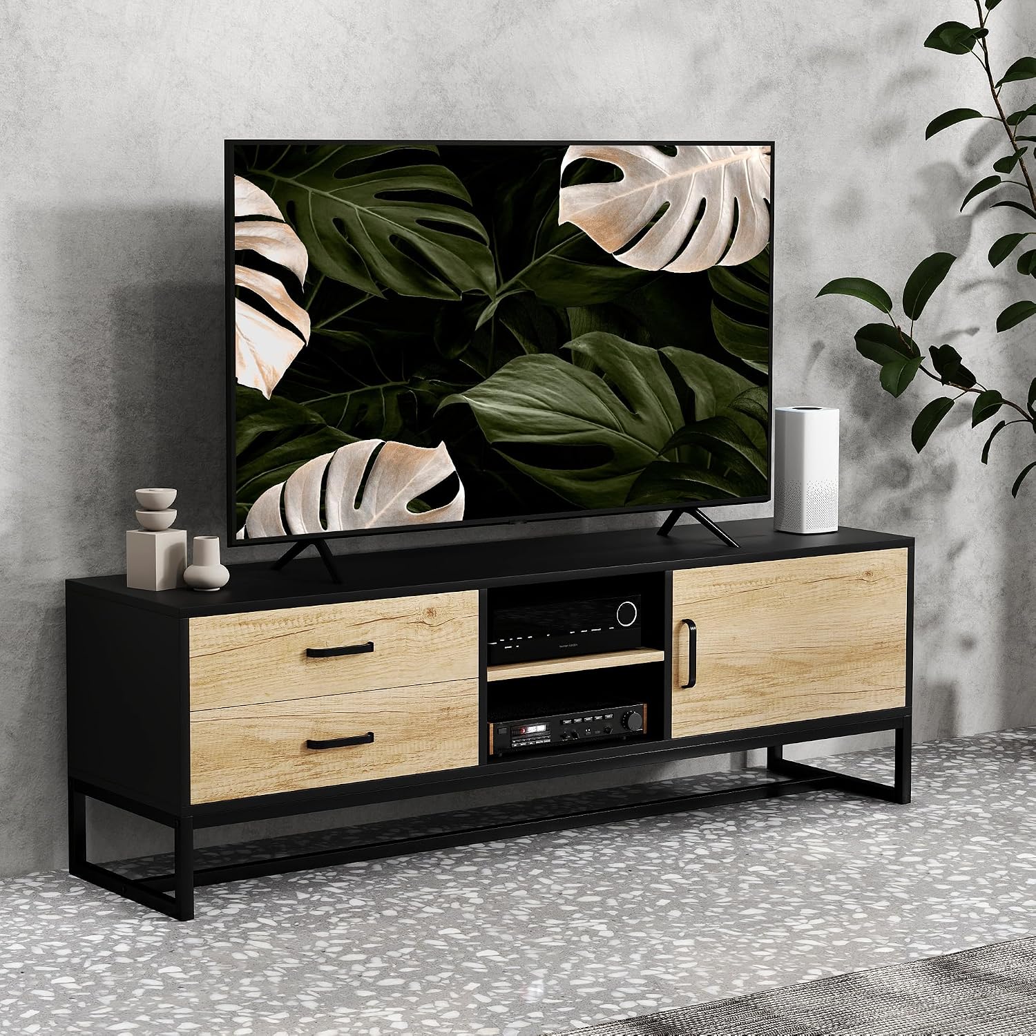 Thumbnail 1 de HOMCOM Meuble TV Bois Naturel pour écran jusqu’à 60 pouces – rangement polyvalent et étagère ajustable